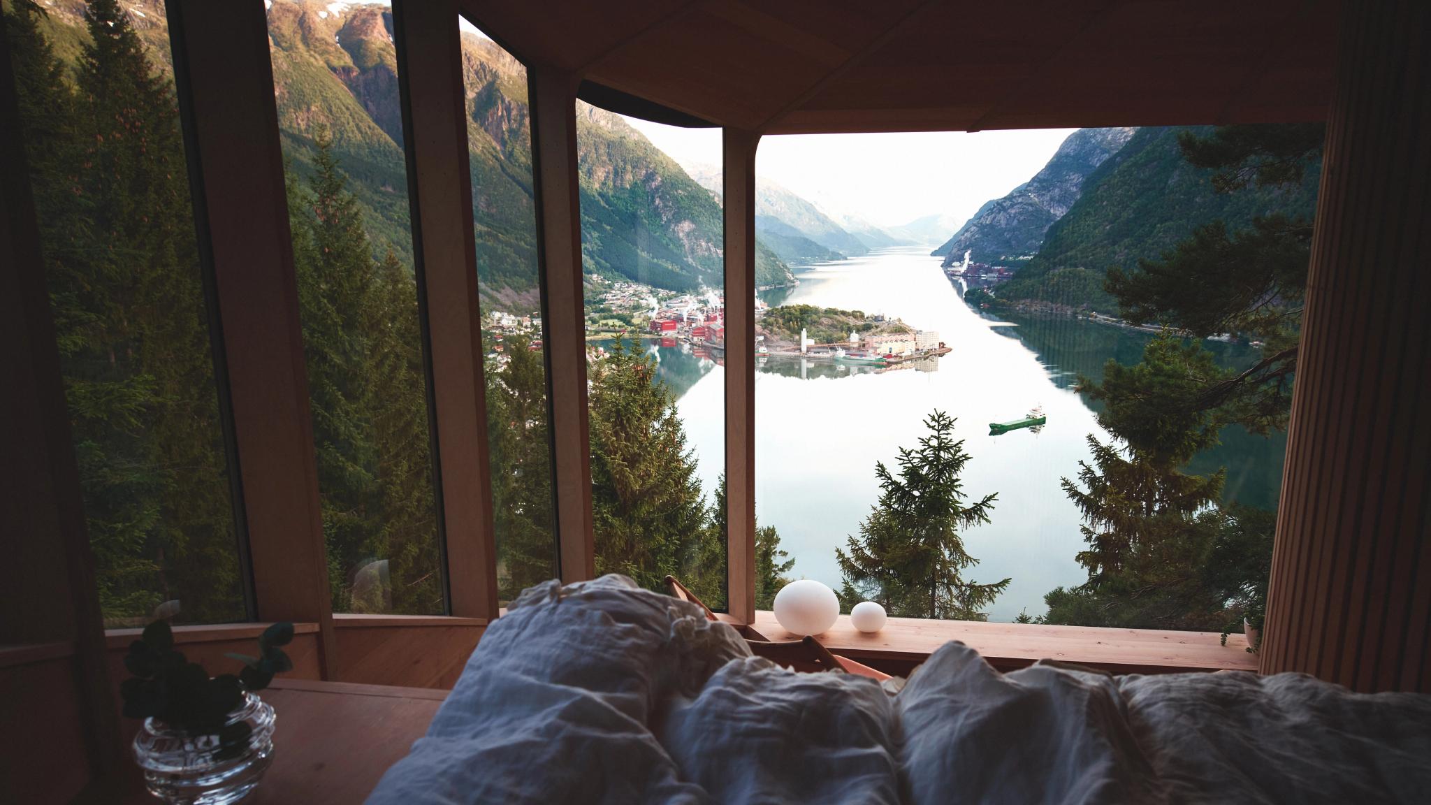 Waking up in the Woodnest, Odda Treehouse, overlooking the Hardangerfjord