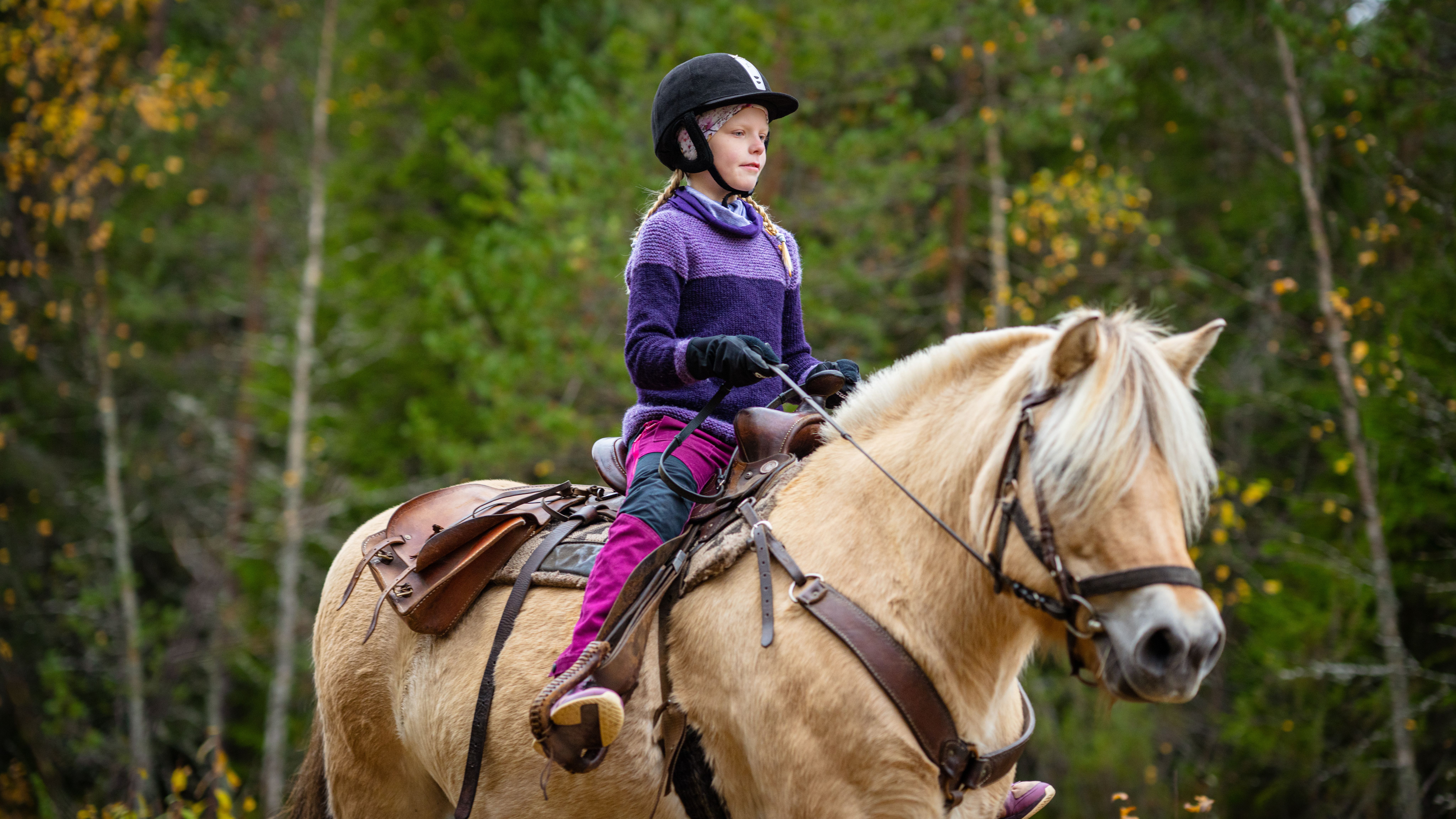 A young girl riding a horse in the woods