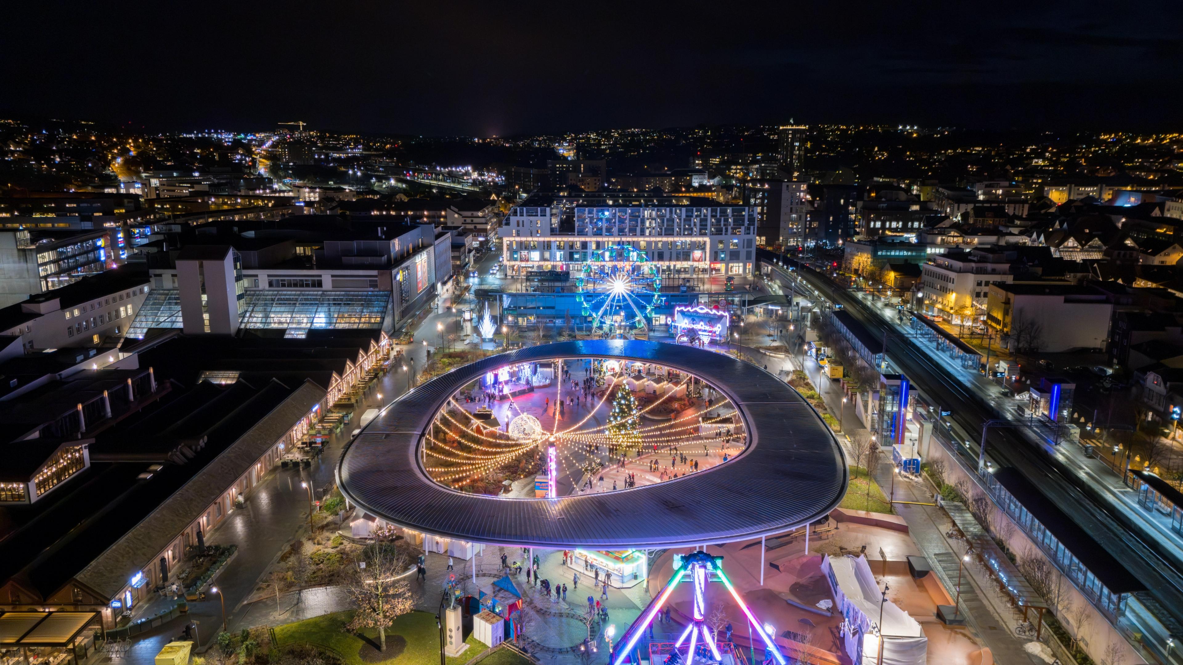 Drone shot of 'Vinterland i Sandnes' (Sandnes Christmas market)