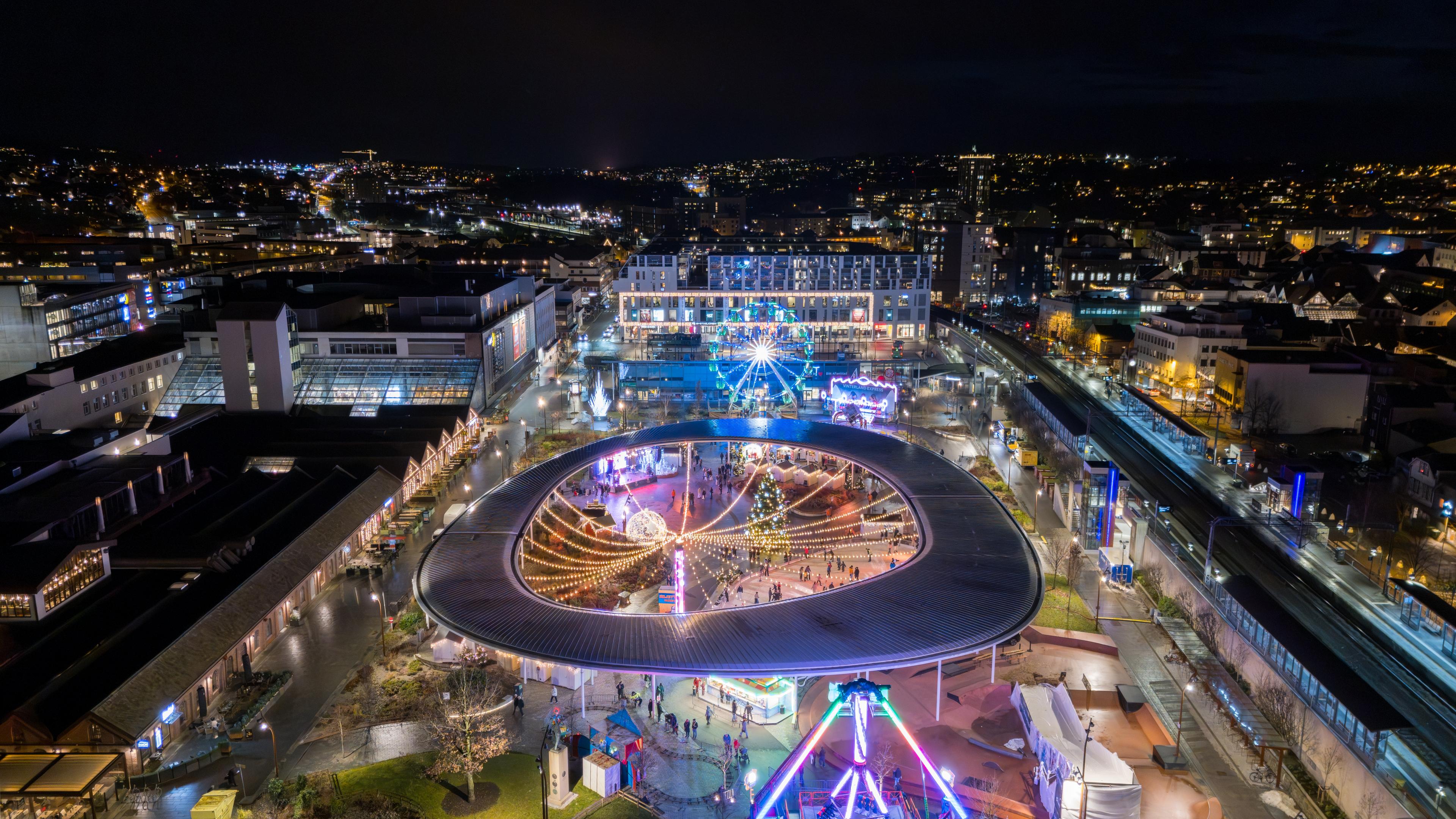 Drone shot of 'Vinterland i Sandnes' (Sandnes Christmas market)