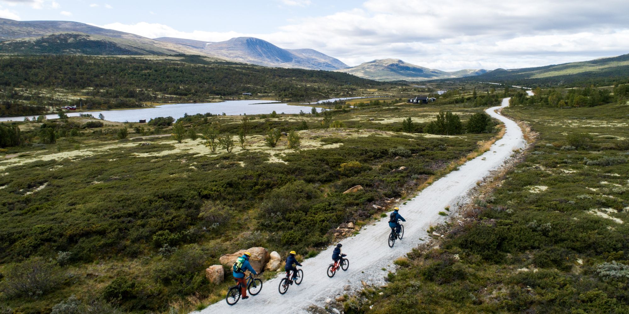 Famiglia in bicicletta su una strada di montagna sui monti Dovrefjell