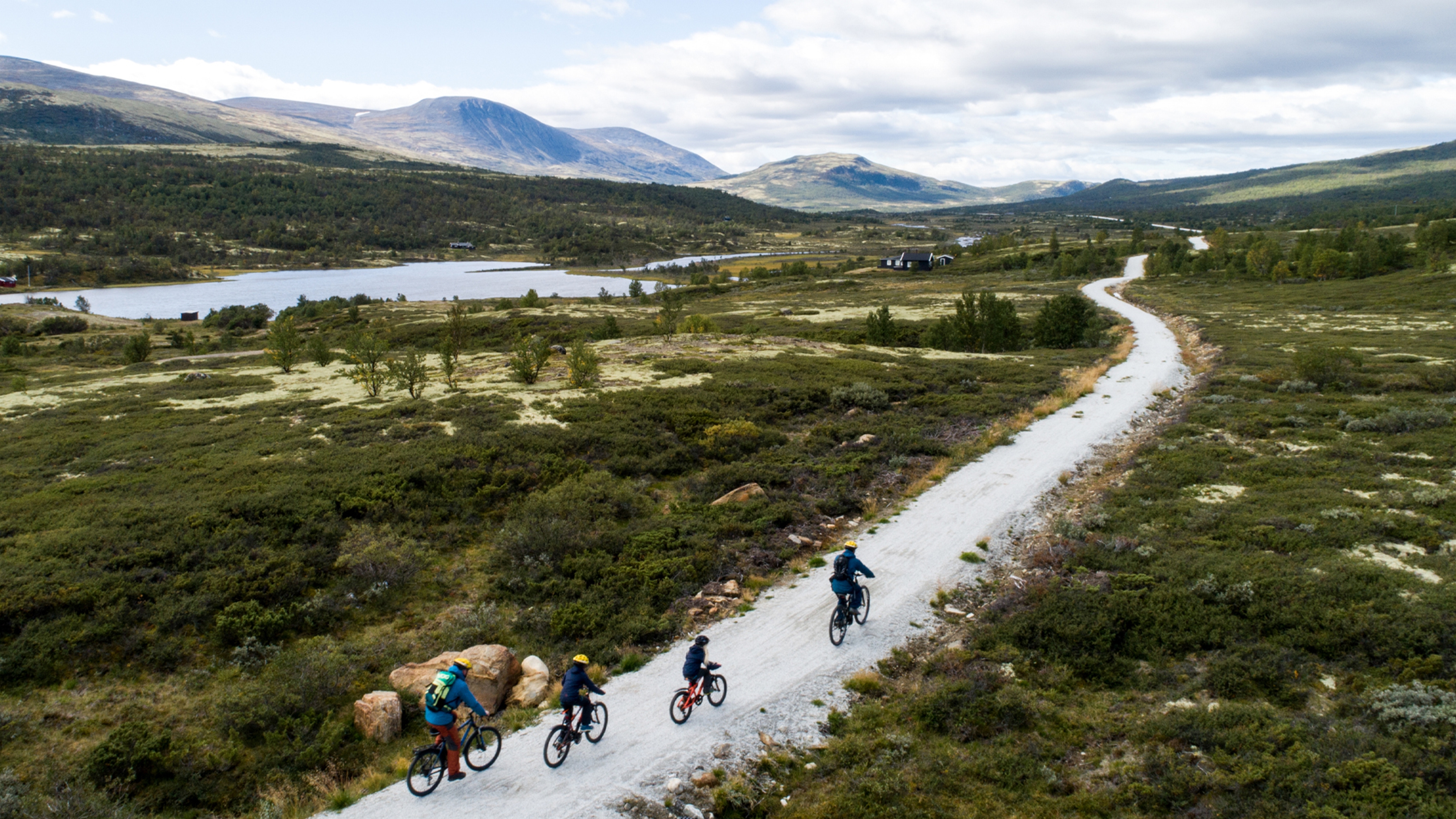 A family cycling on a mountain road in the Dovrefjell mountains
