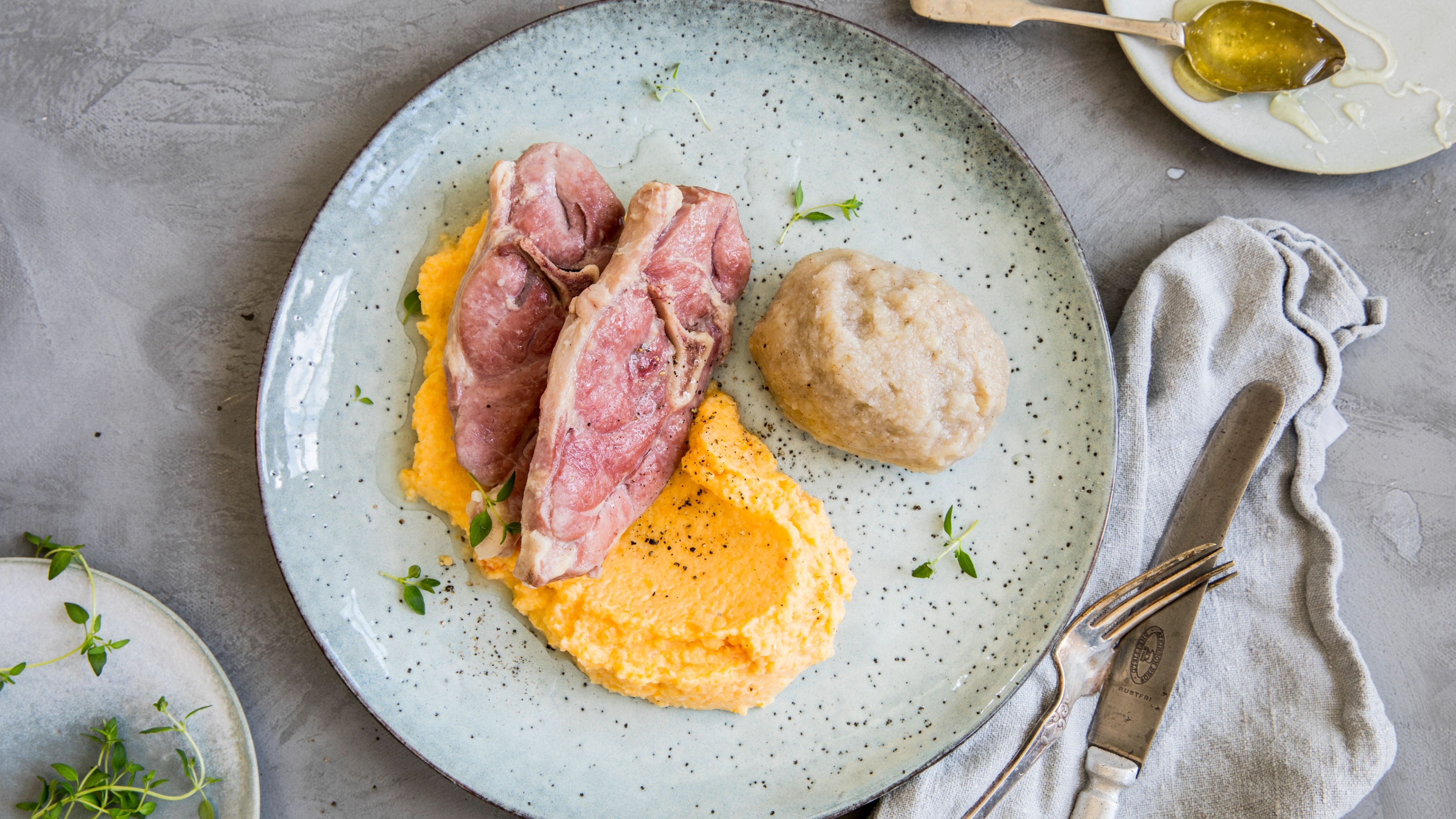 Lamb and traditional, Norwegian potato dumplings.
