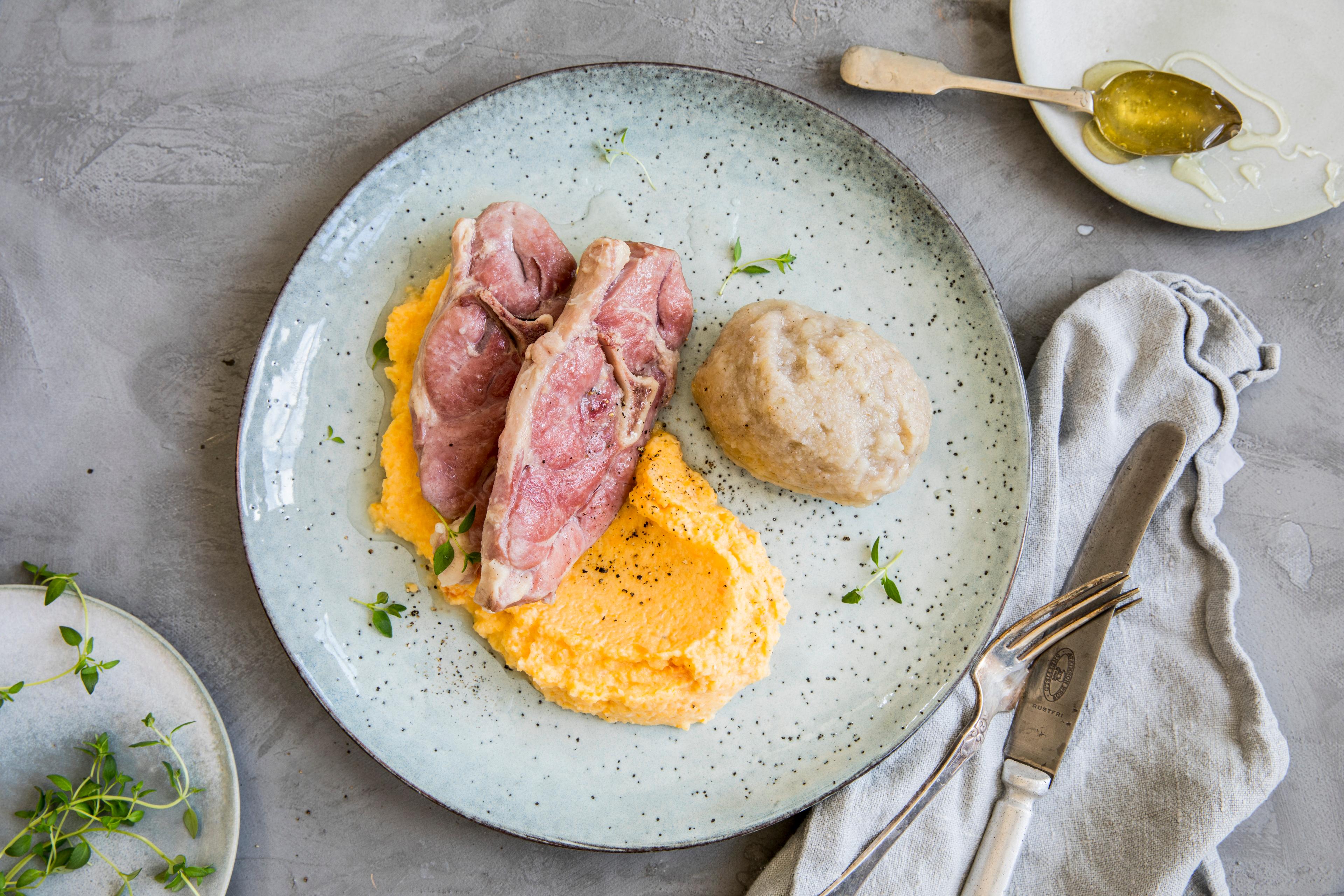 Lamb and traditional, Norwegian potato dumplings.