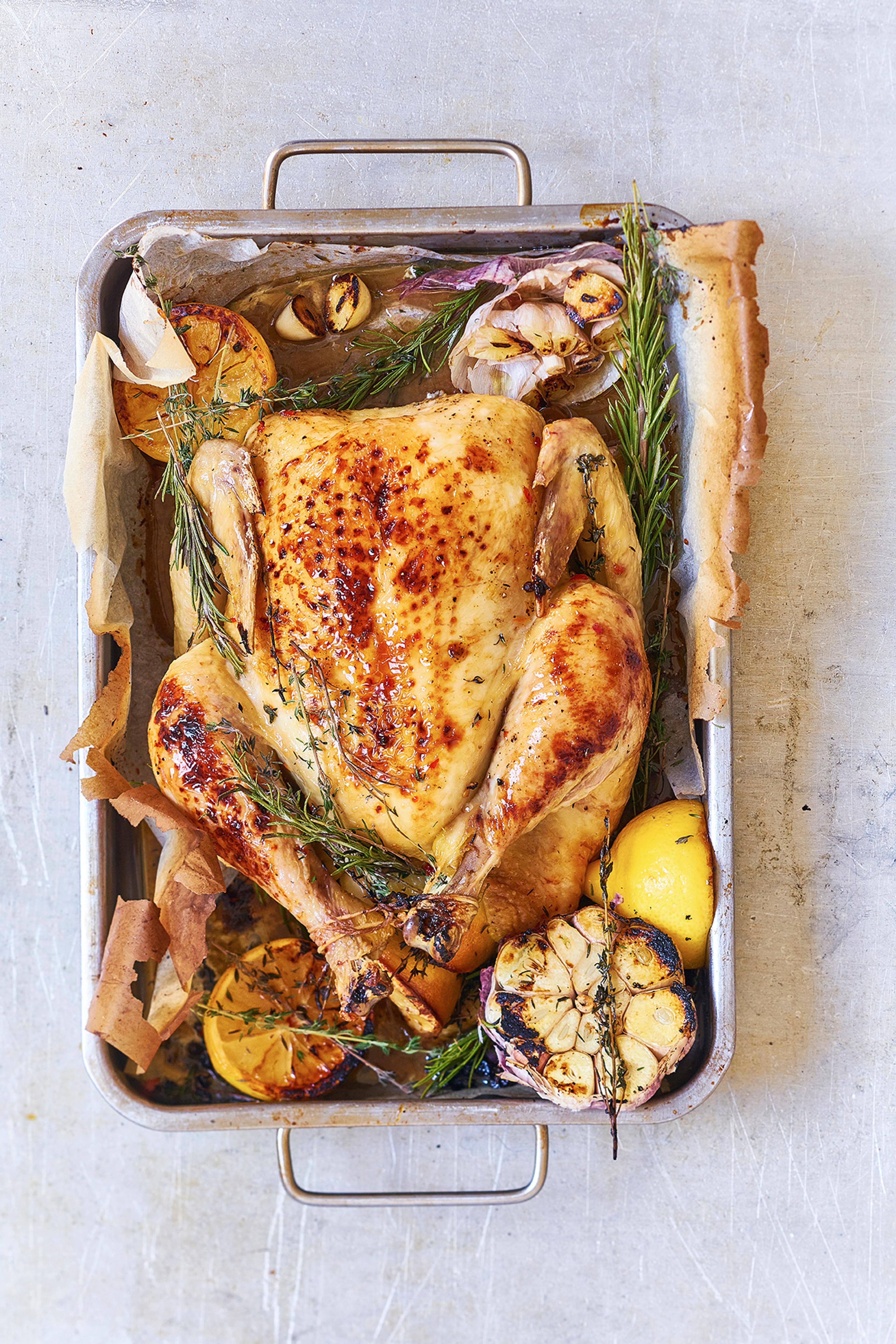Roast chicken dinner from Hovelsrud farm by Lake Mjøsa, Eastern Norway.