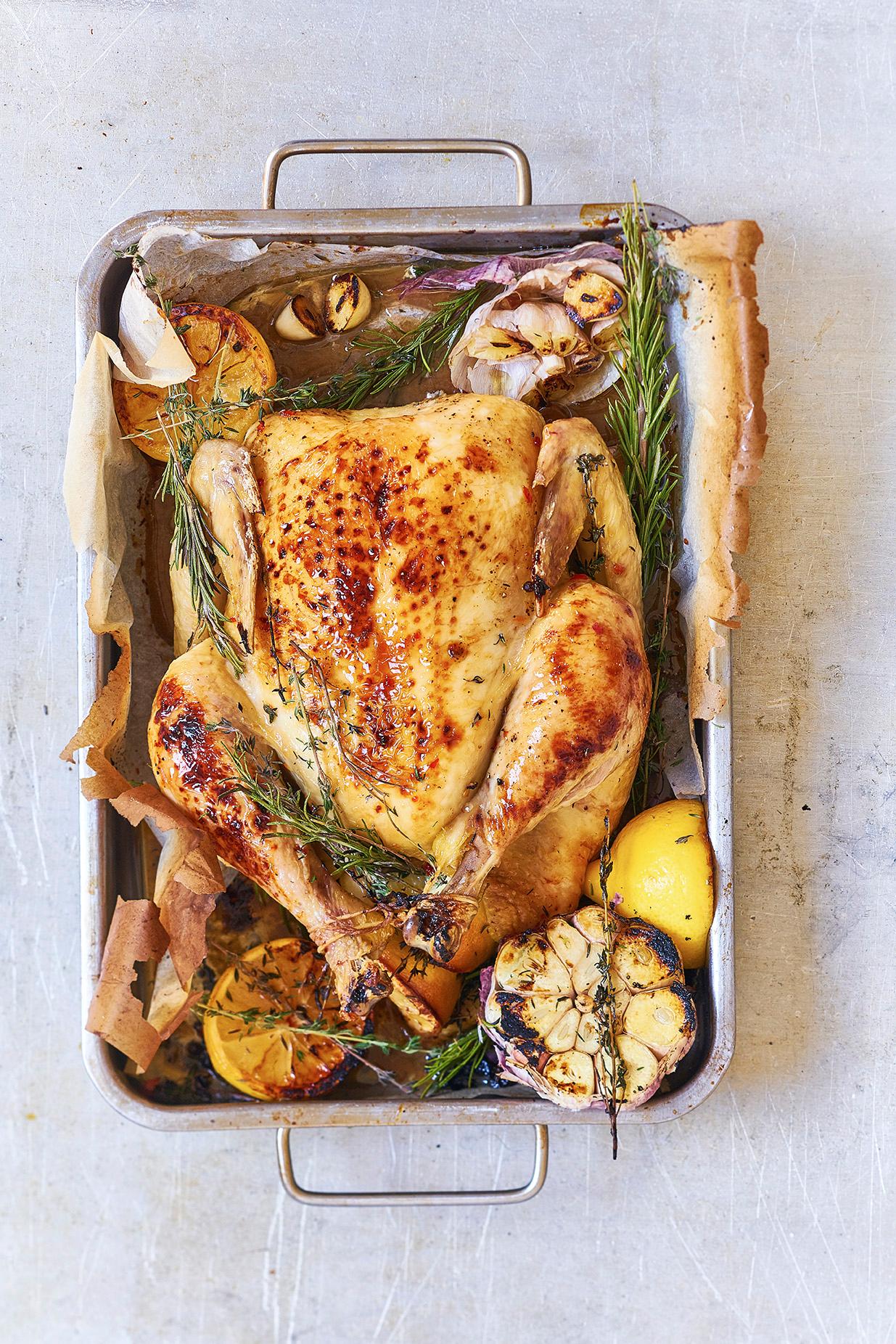 Roast chicken dinner from Hovelsrud farm by Lake Mjøsa, Eastern Norway.