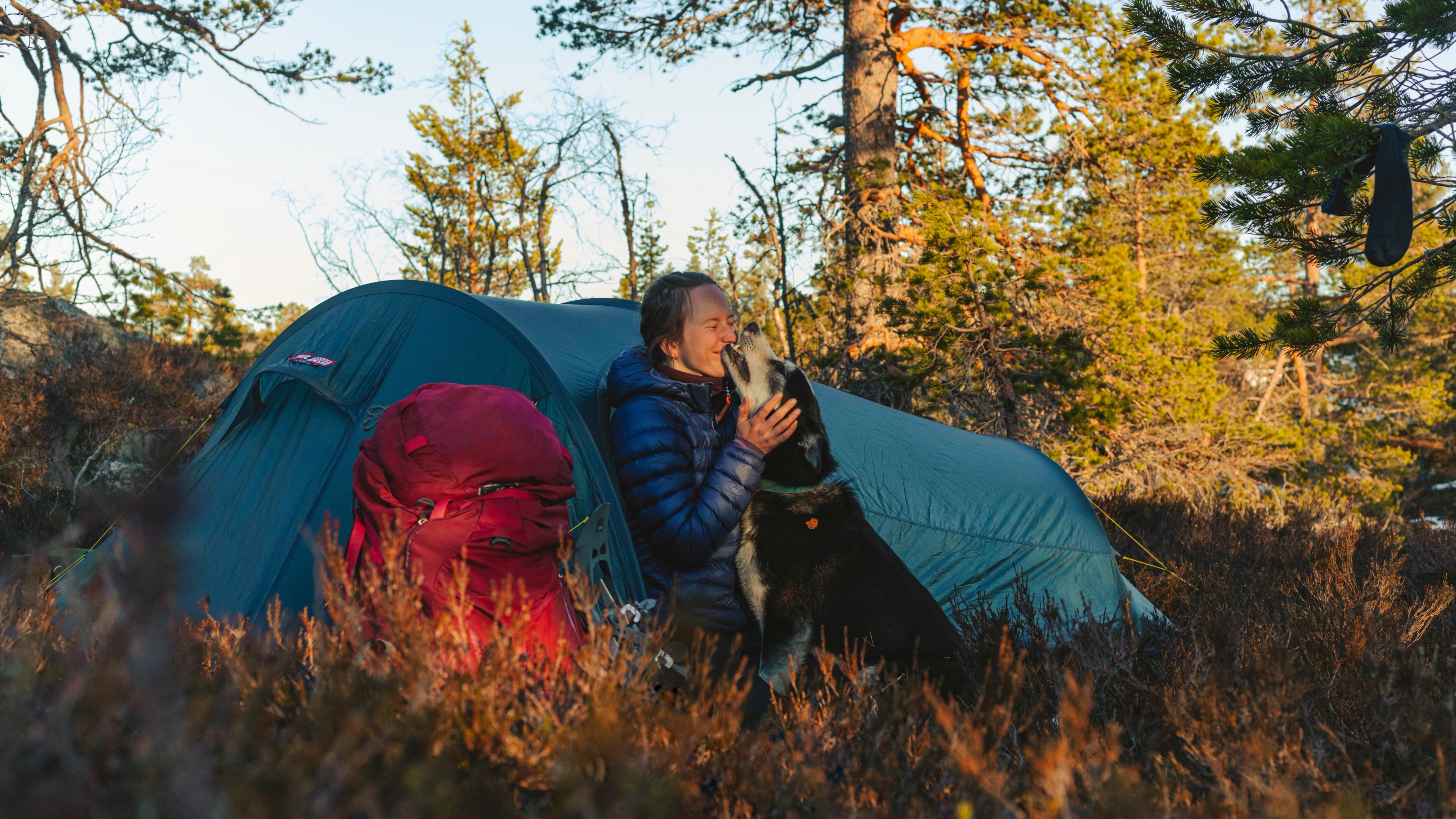 Oda Ramsdal and Thorin the dog by the tent