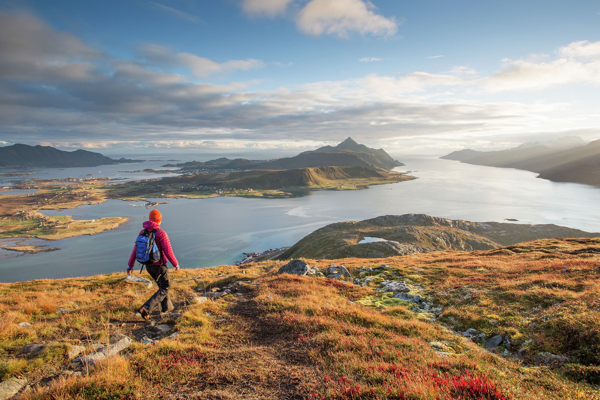 Hiking in the autumn landscape of Offersøykammen, Lofoten, Northern Norway