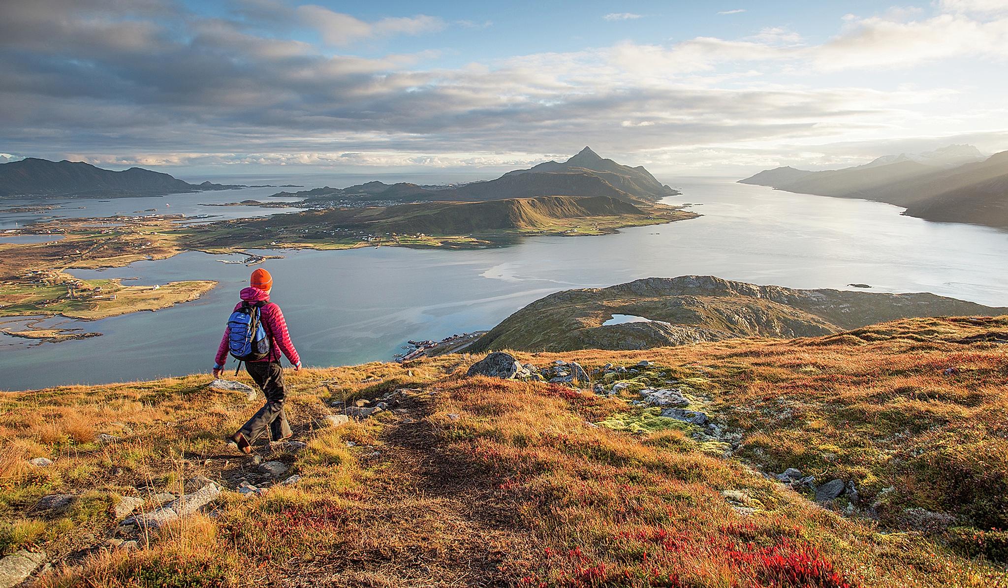 Hiking in the autumn landscape of Offersøykammen, Lofoten, Northern Norway