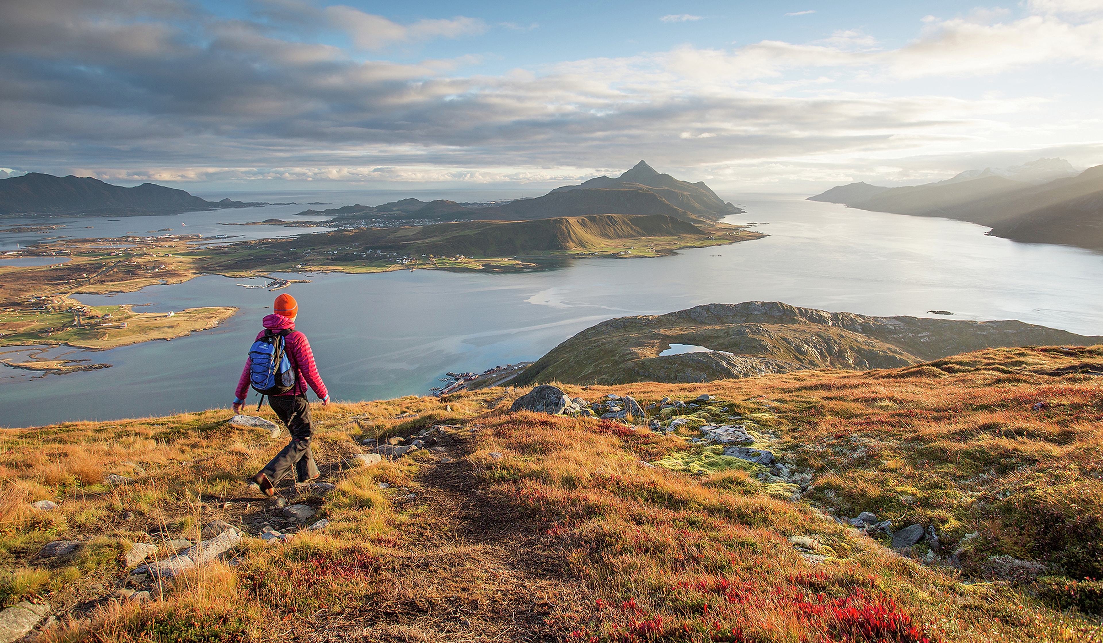 Hiking in the autumn landscape of Offersøykammen, Lofoten, Northern Norway