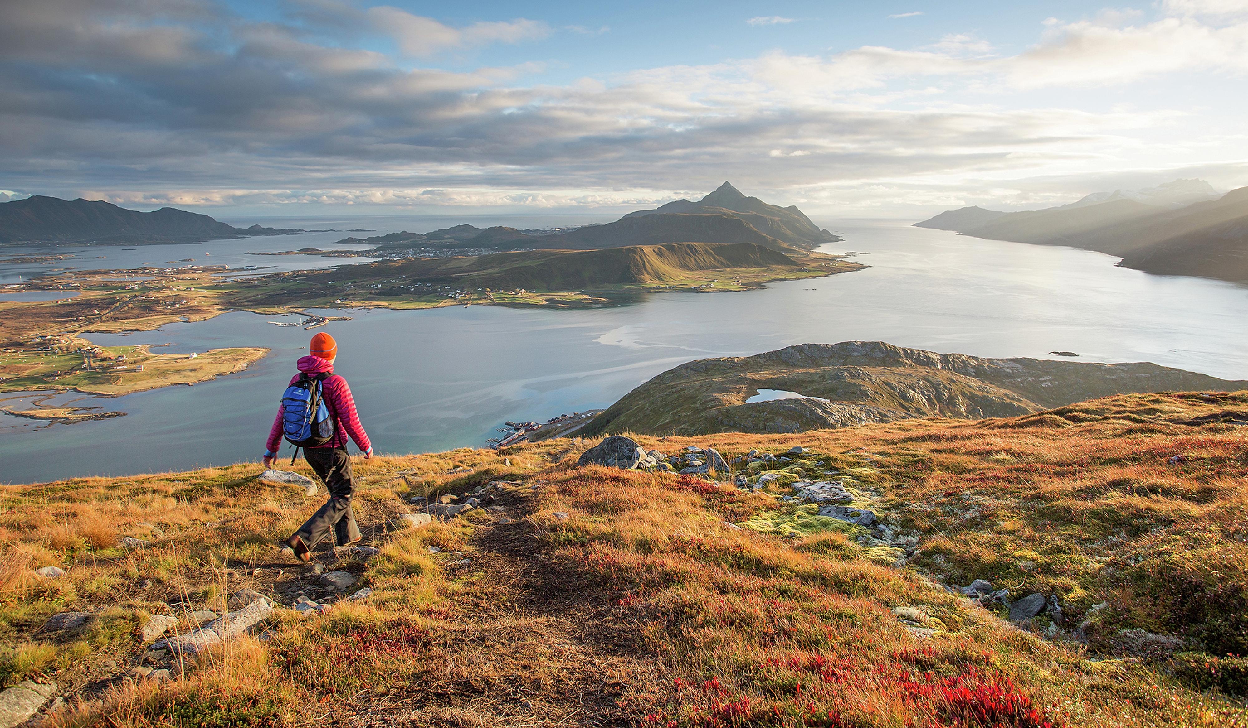 Hiking in the autumn landscape of Offersøykammen, Lofoten, Northern Norway