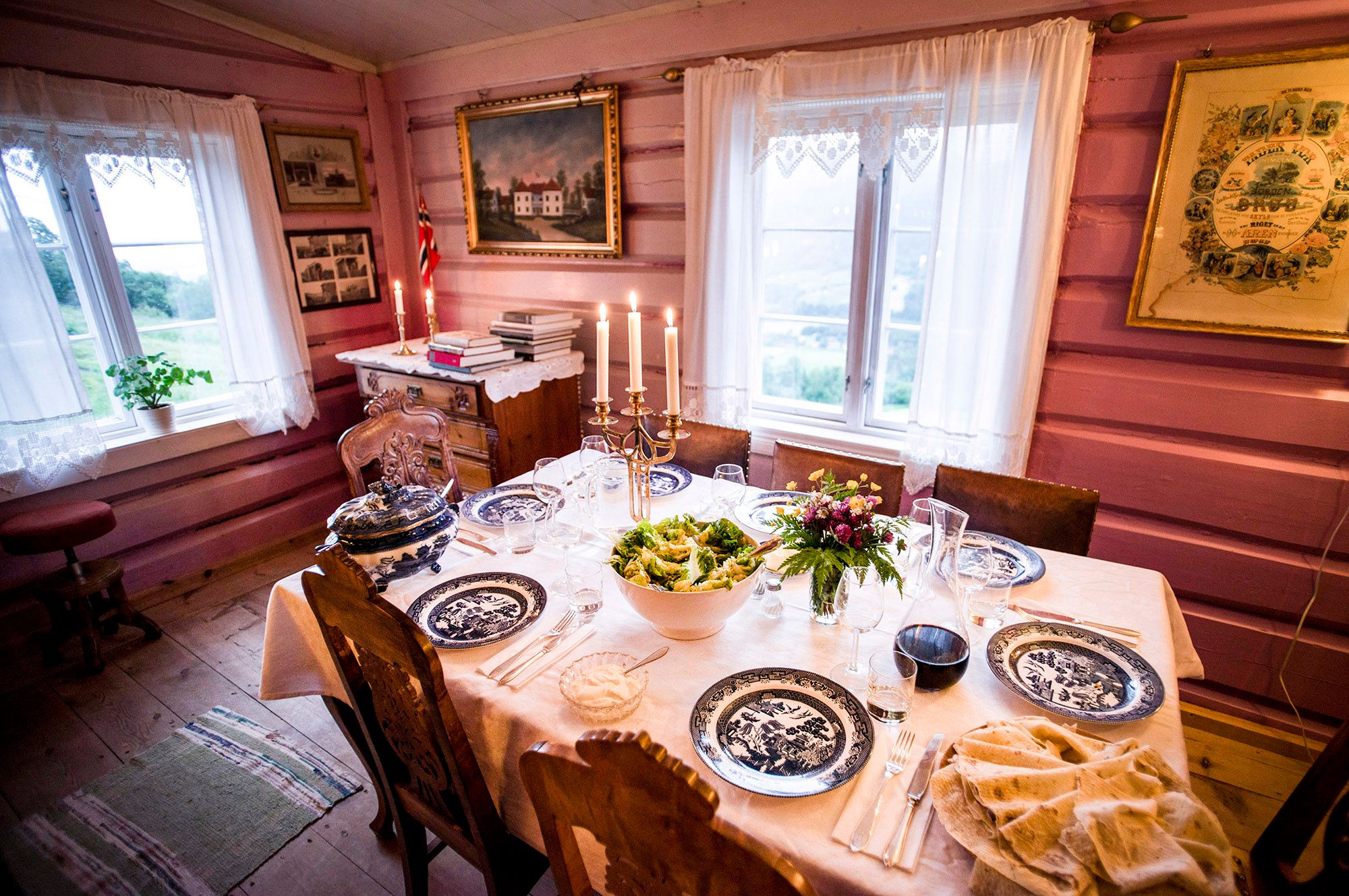 A table prepared for lunch at the medieval pilgrim farm Budsjord in the Gudbrandsdalen valley, Eastern Norway