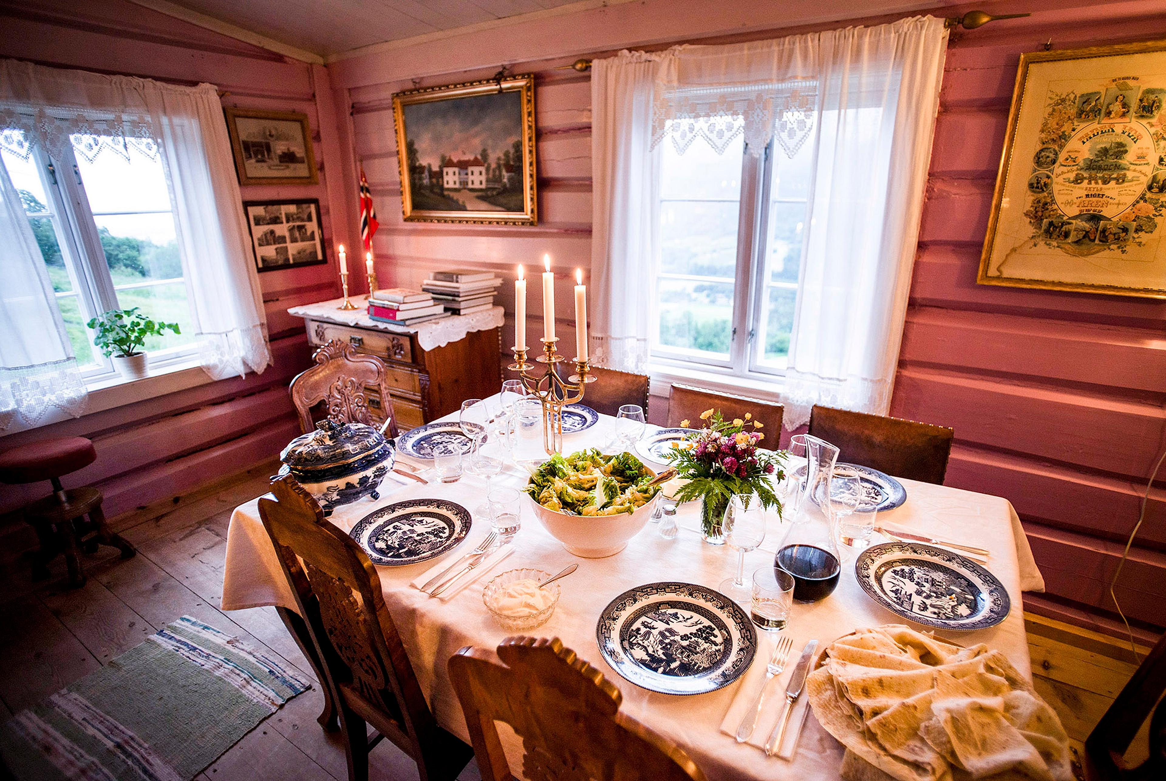 A table prepared for lunch at the medieval pilgrim farm Budsjord in the Gudbrandsdalen valley, Eastern Norway