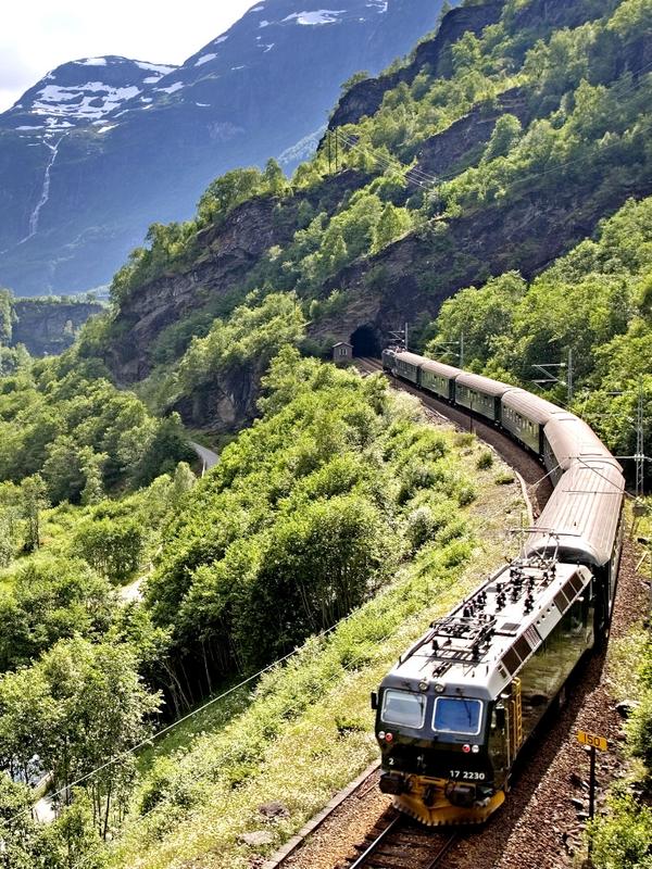 Un tren cruza un verde valle en Flåm en un día soleado.