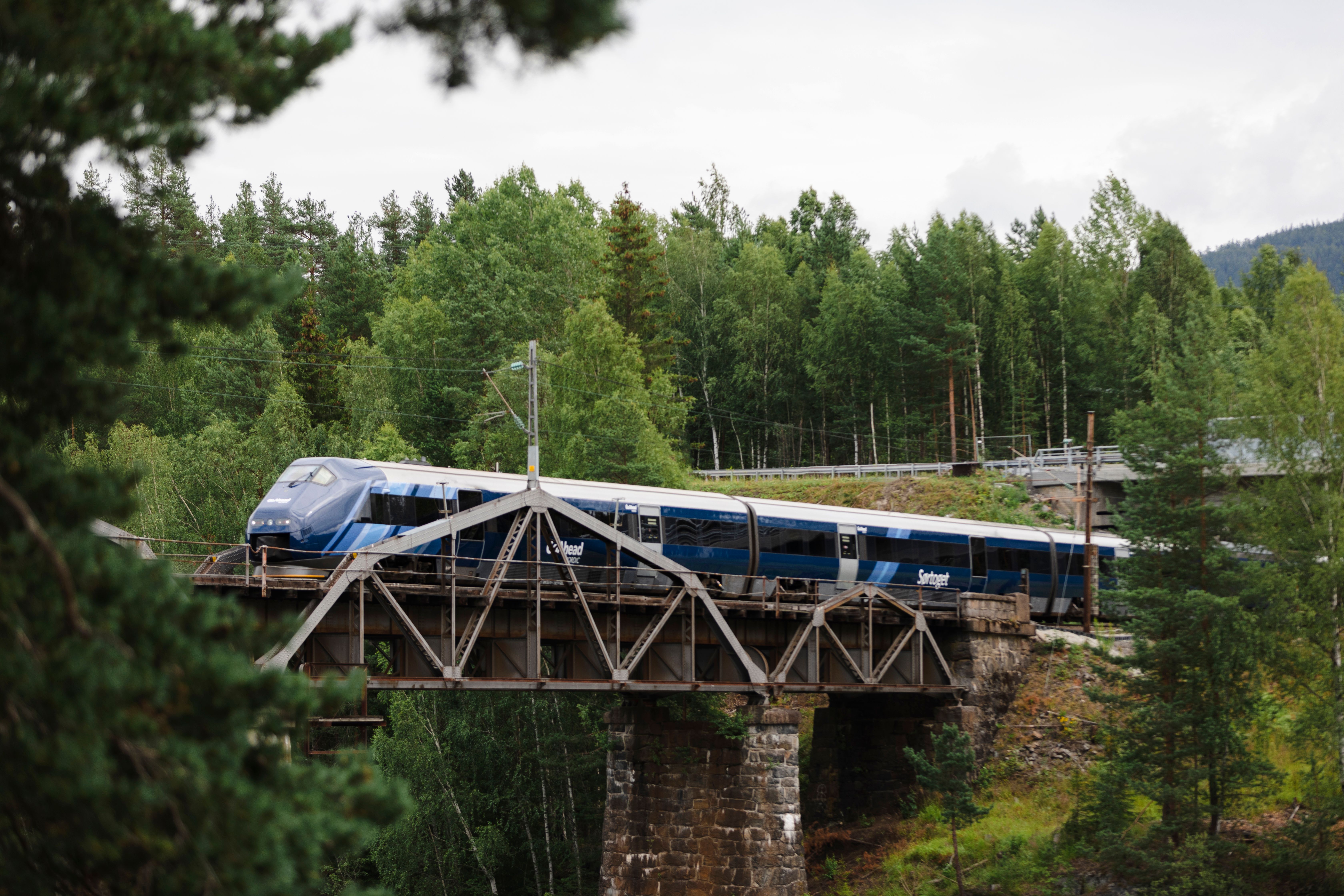 The Sørland Line driver over a bridge in the forest, Norway