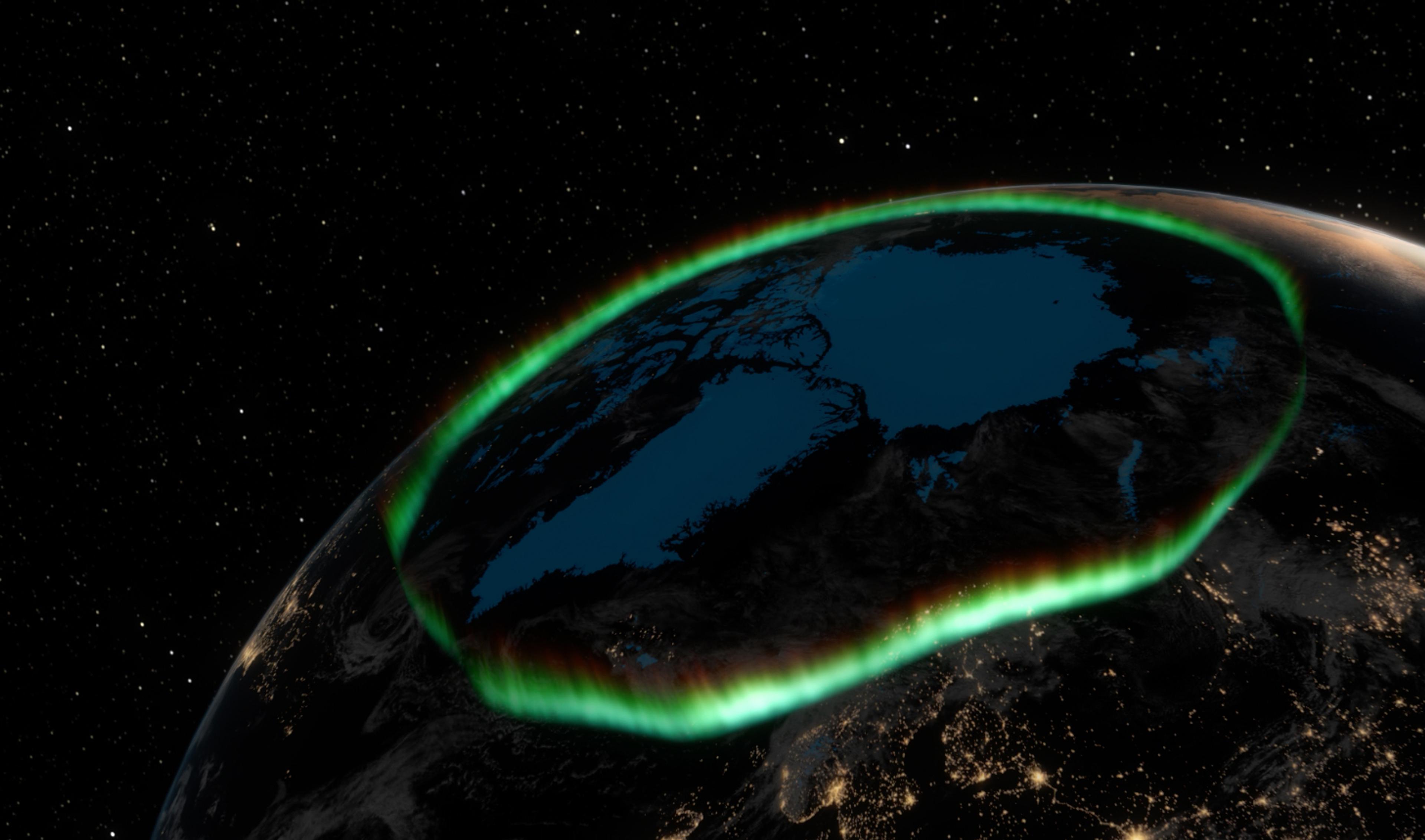 Satellite view of the green Northern Lights dancing over the Earth's polar circle