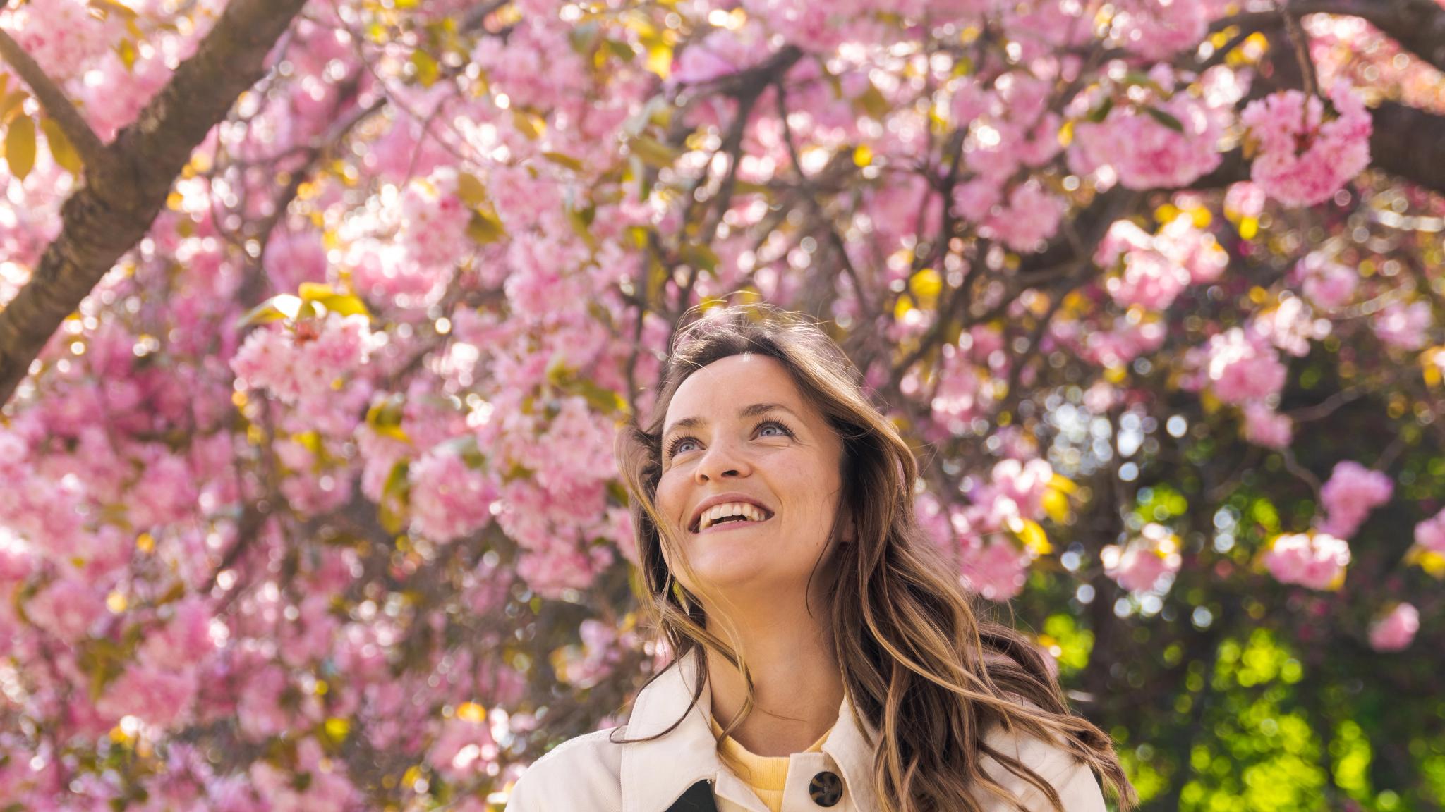 Woman under a cherry tree in Oslo, Eastern Norway