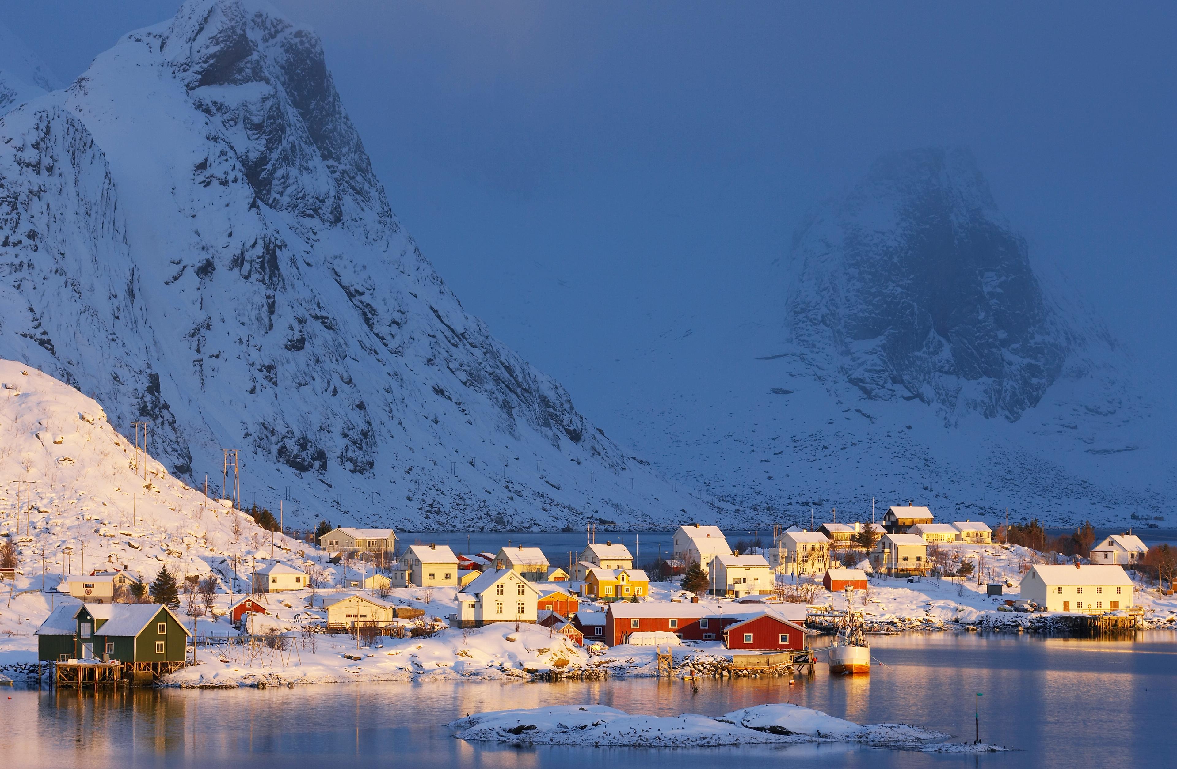 A snow-capped fishing village in Moskenes in Lofoten, Northern Norway