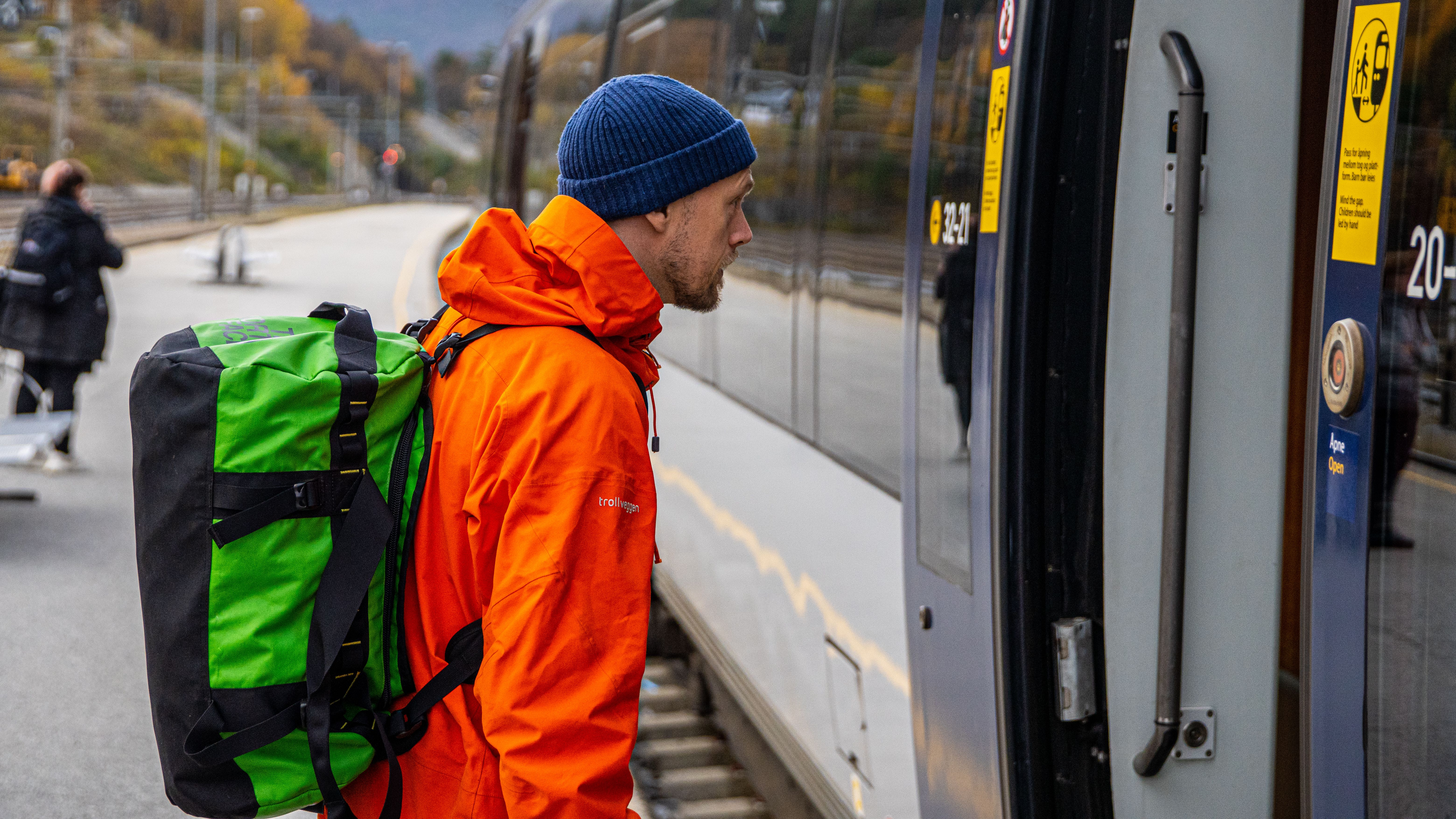 A man boards the Rauma Railway train
