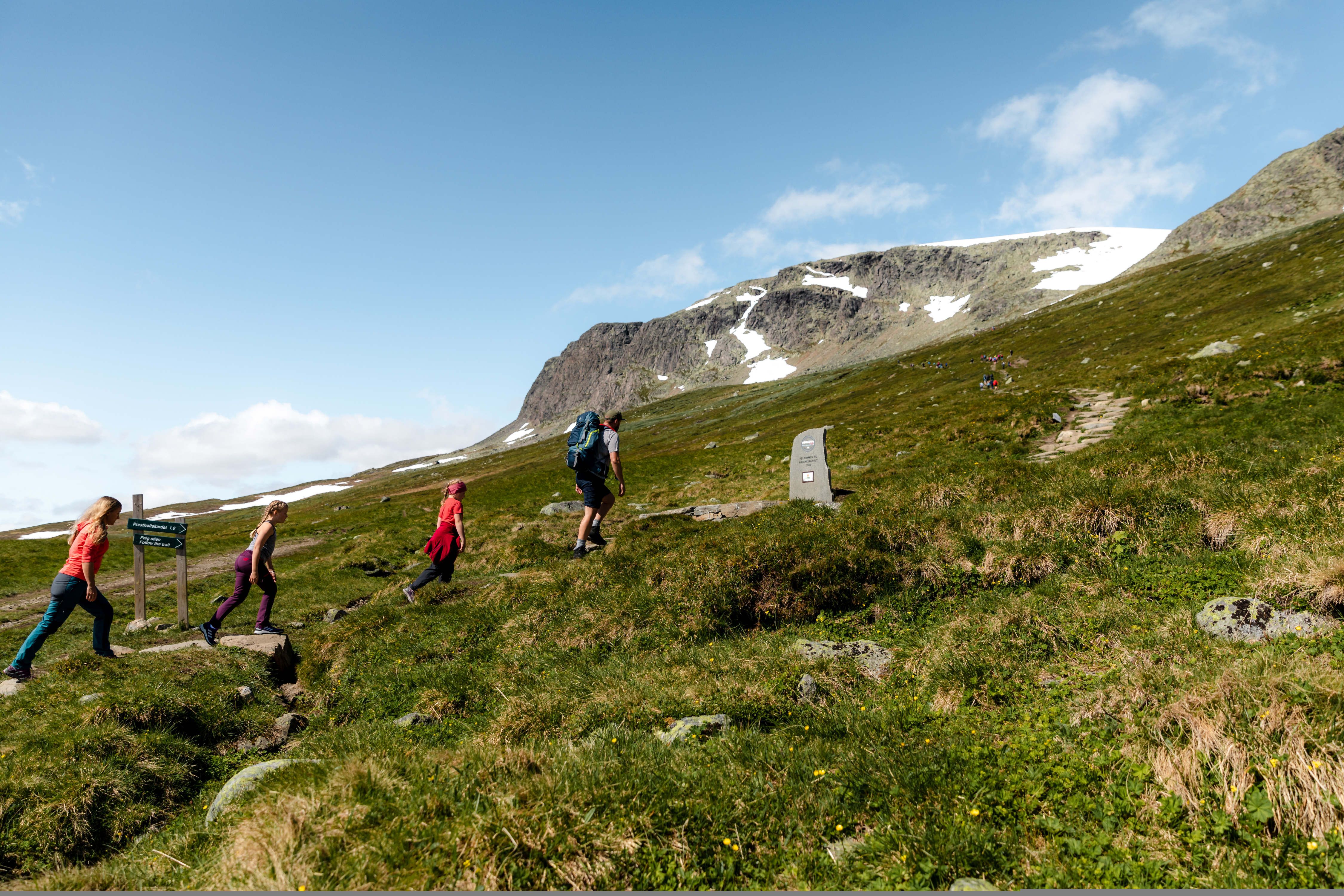 Family of four hiking at Prestholtseter in Geilo, Eastern Norway