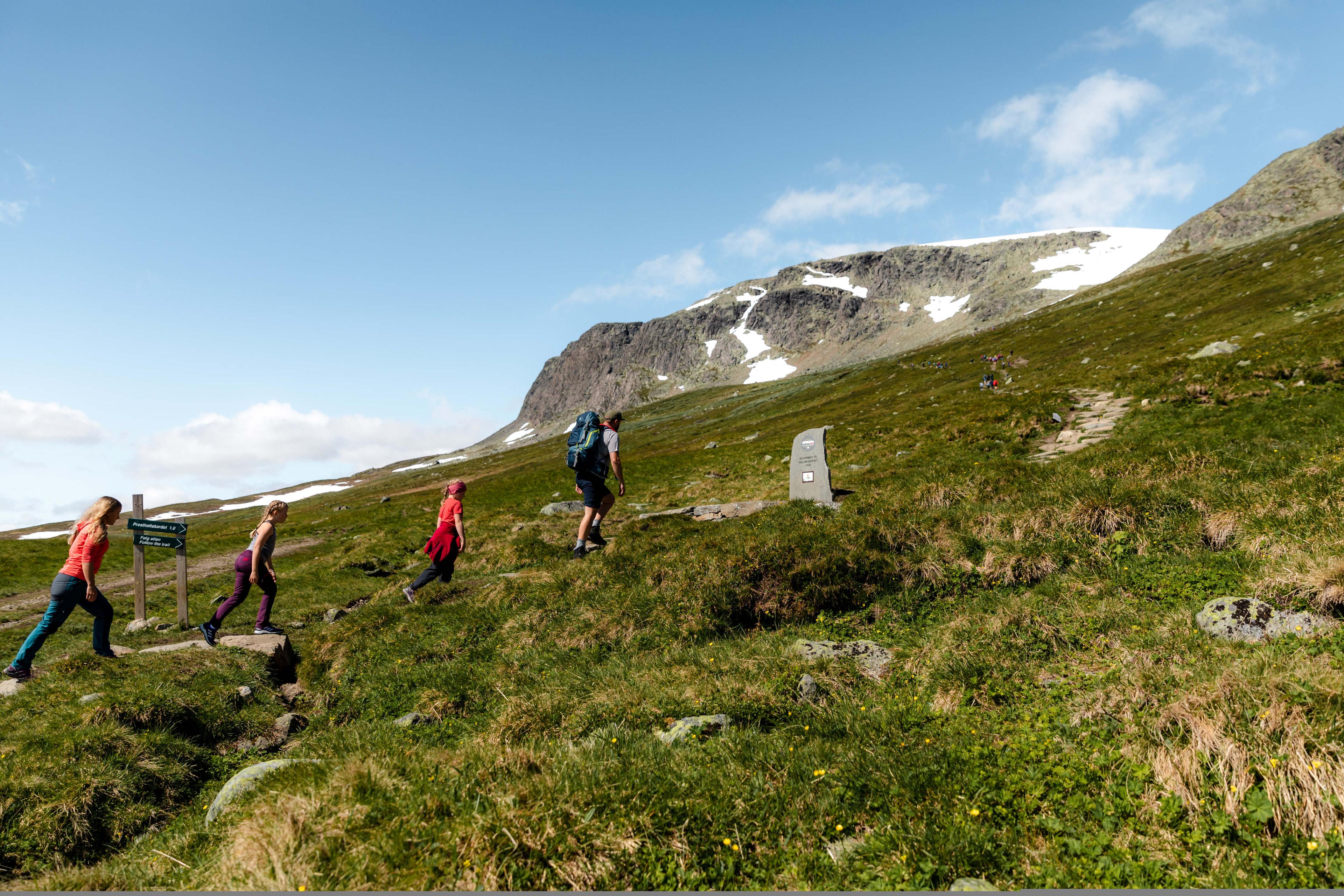 Family of four hiking at Prestholtseter in Geilo, Eastern Norway