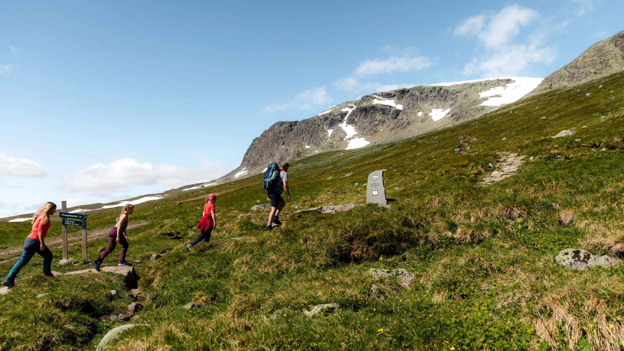 Family of four hiking at Prestholtseter in Geilo, Eastern Norway