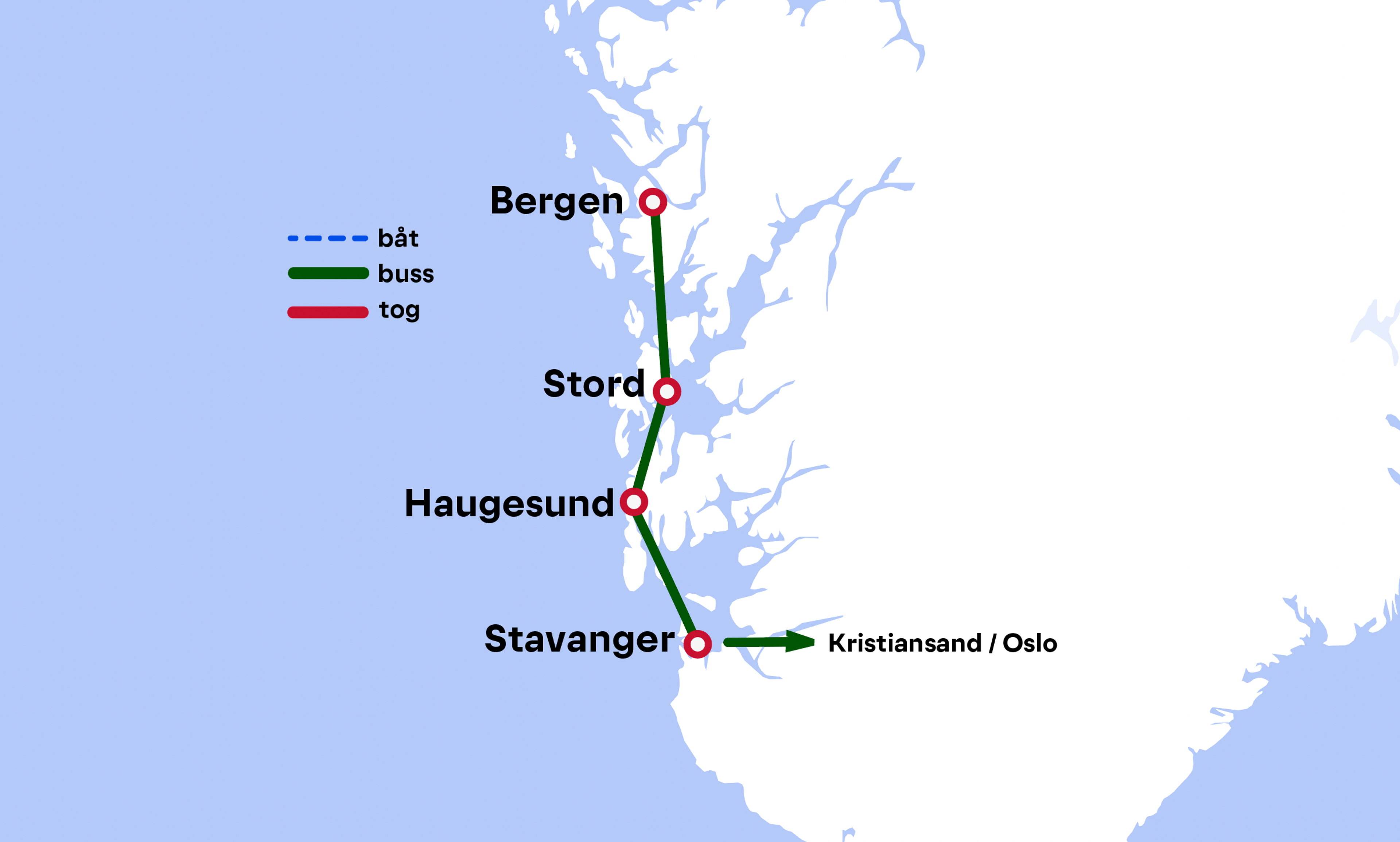 Rutekart: Bergen - Stord - Haugesund - Stavanger