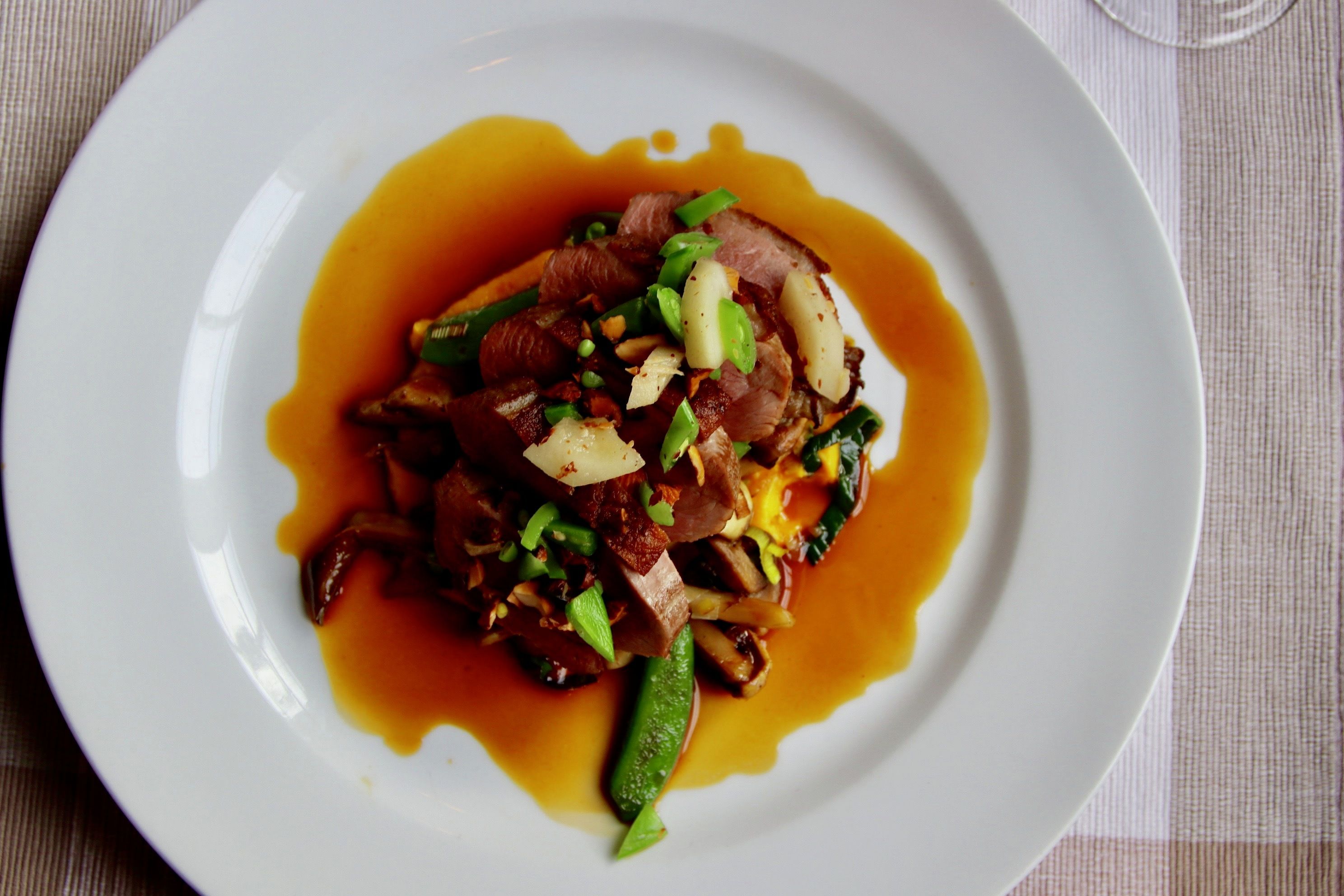 Filét of duck with fresh vegetables, pumpkin purée and coffee sauce, Fossheim Hotel