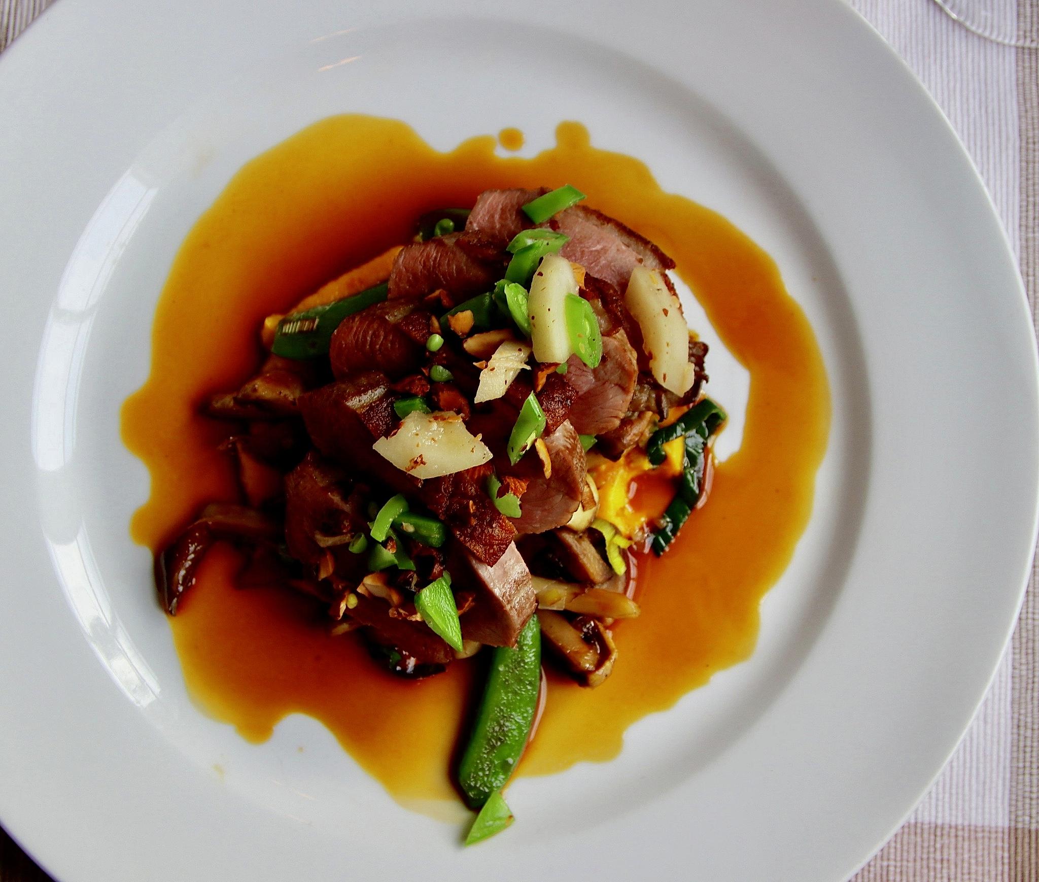 Filét of duck with fresh vegetables, pumpkin purée and coffee sauce, Fossheim Hotel
