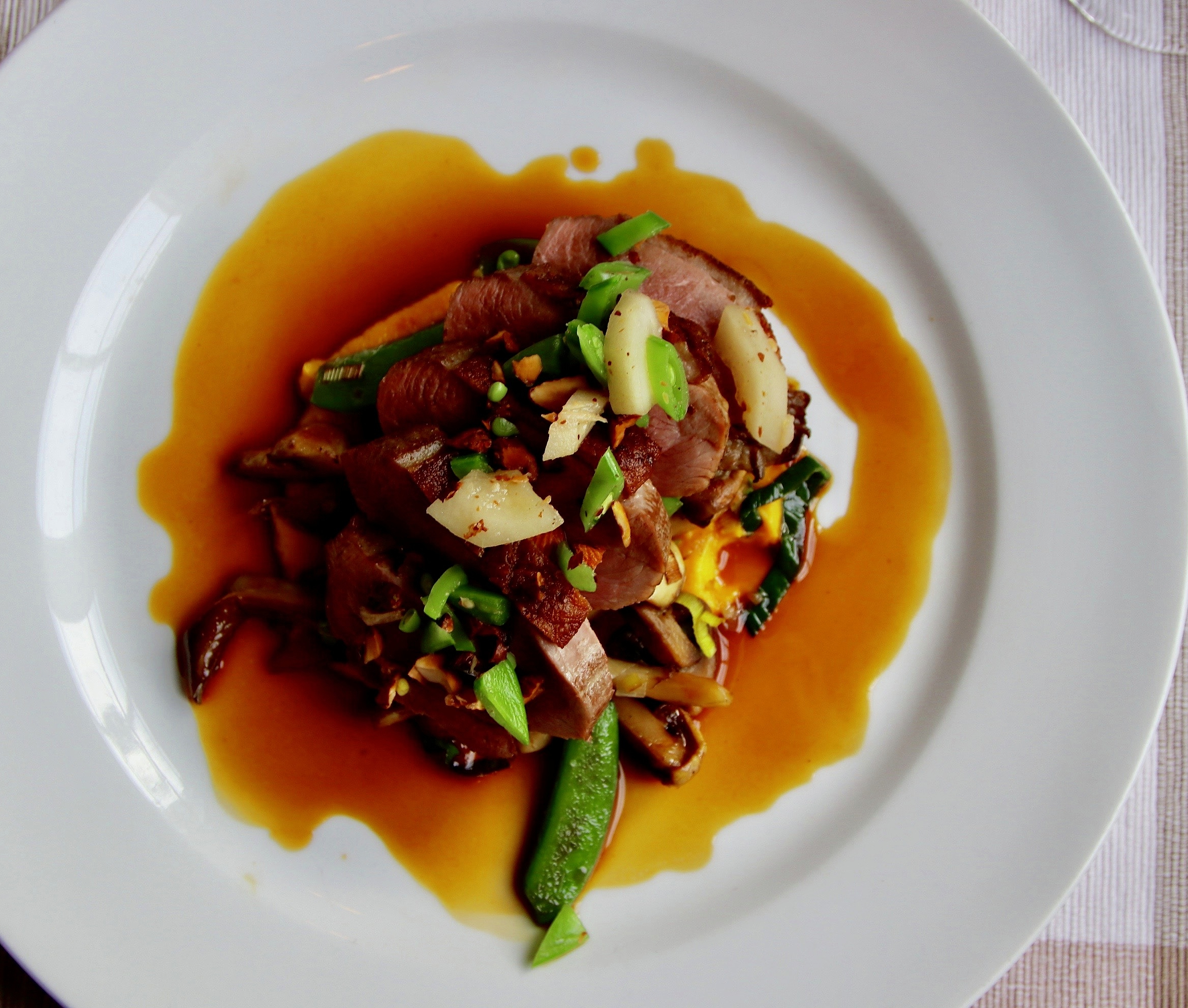 Filét of duck with fresh vegetables, pumpkin purée and coffee sauce, Fossheim Hotel