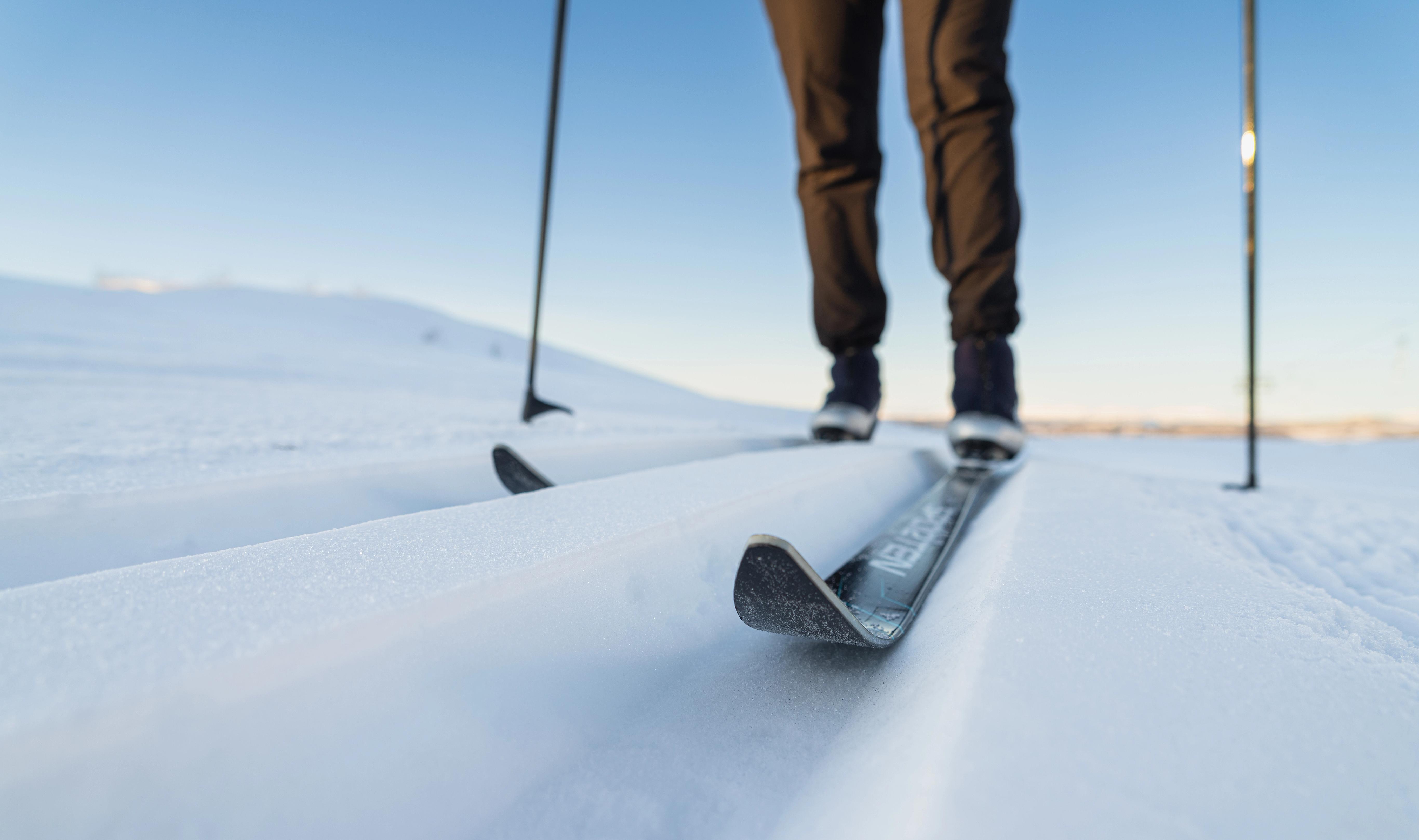 Close-up of a cross country ski in a track