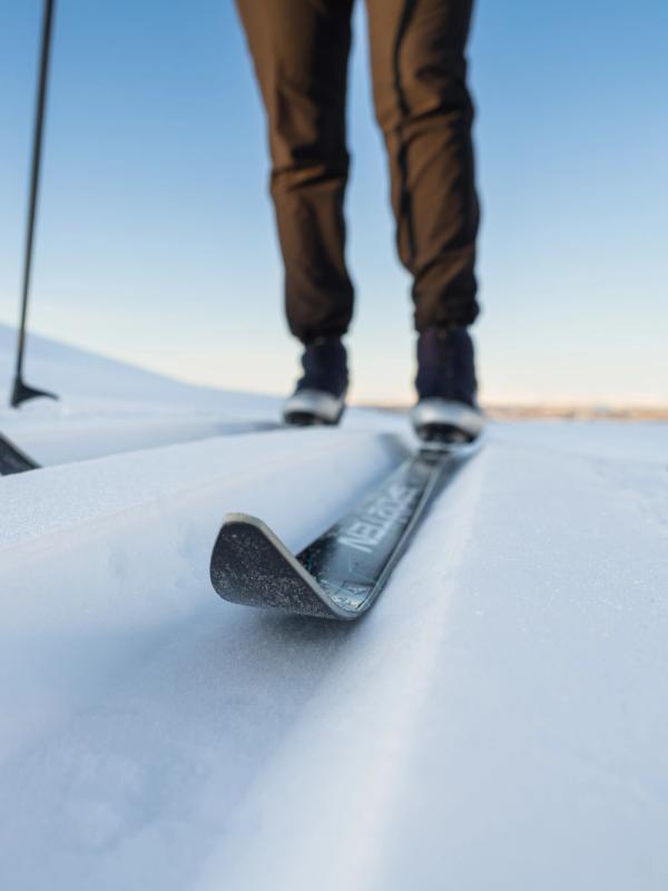 Close-up of a cross country ski in a track
