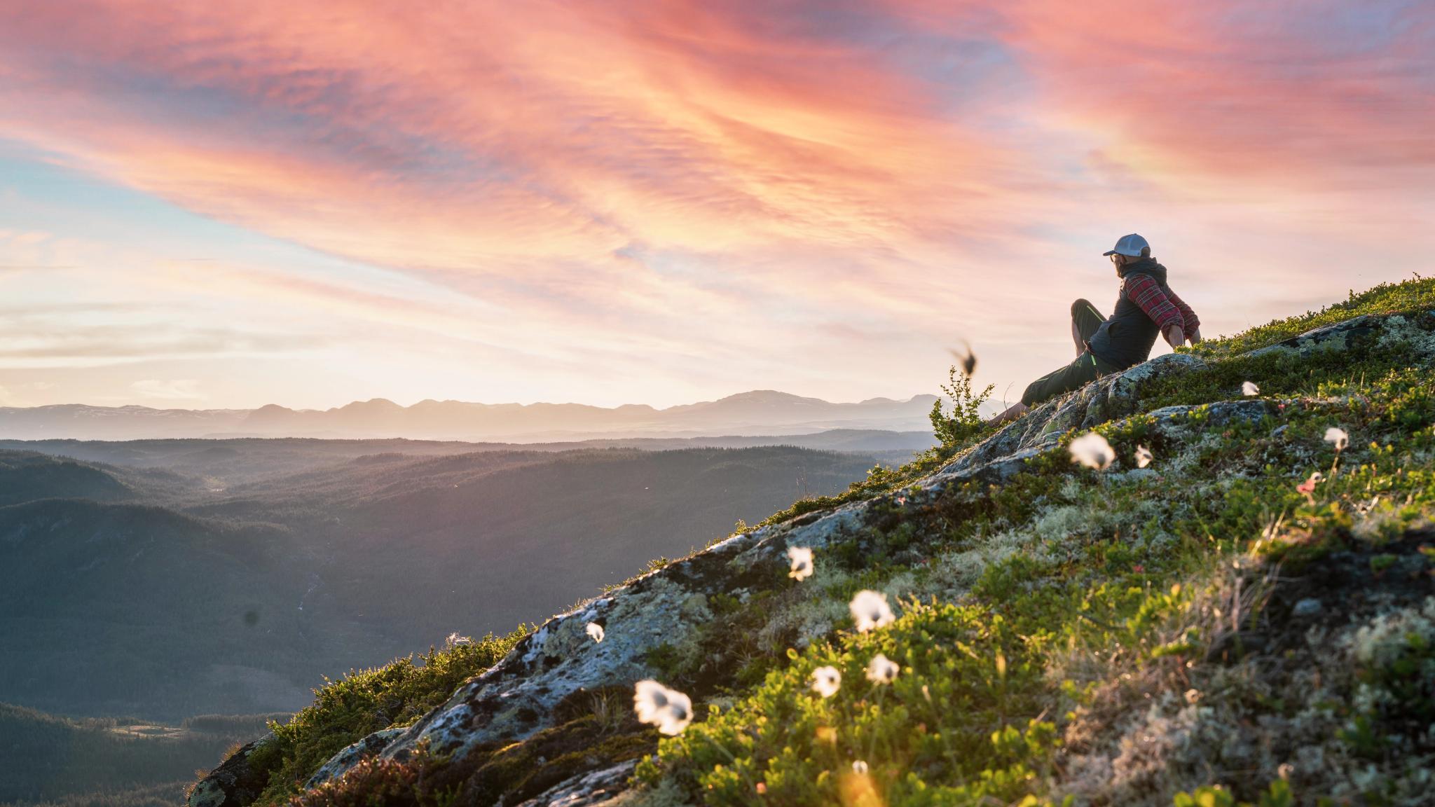 A hiker enjoying the view at Nesfjellet, Eastern Norway.