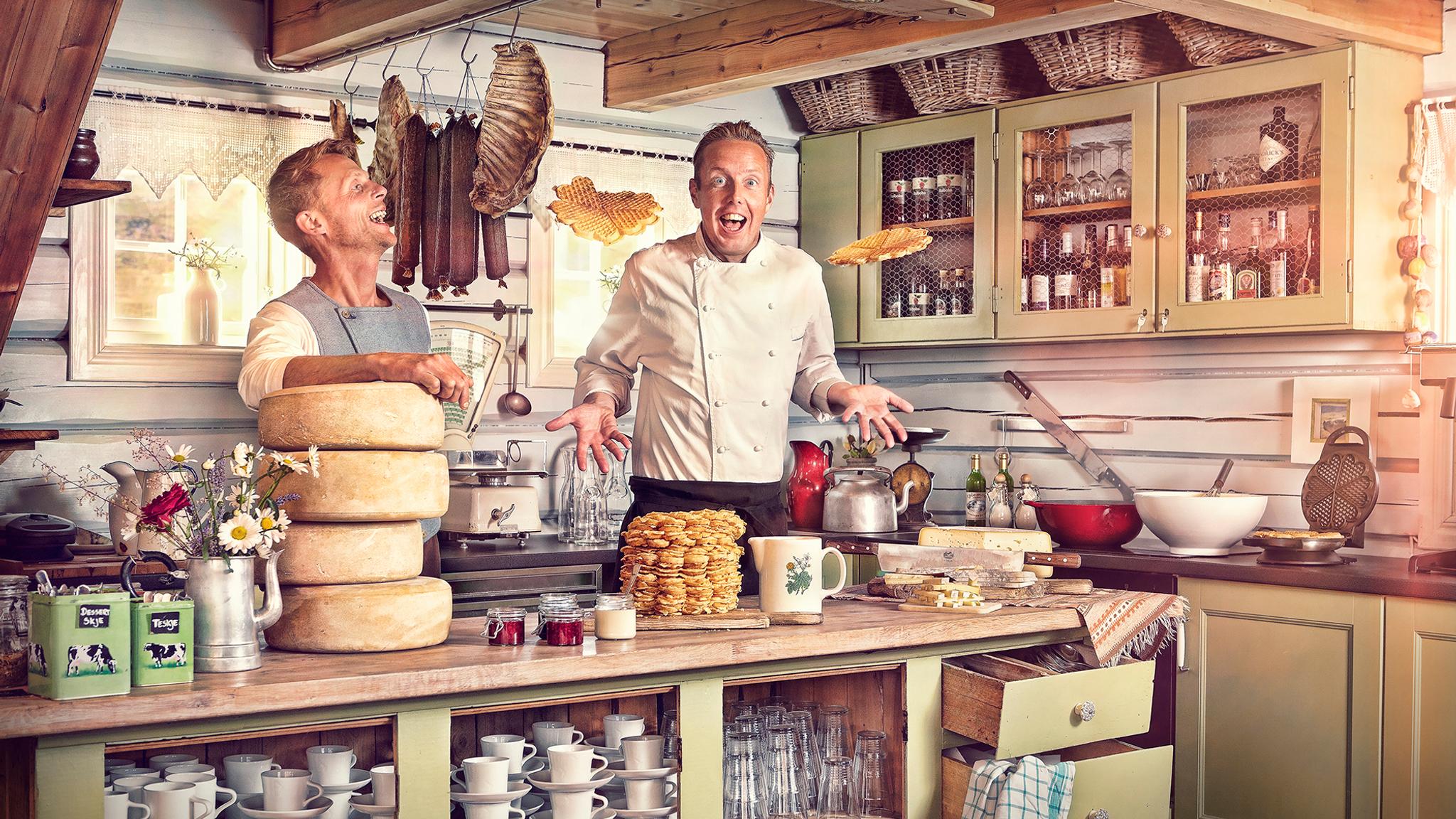 Two men in the kitchen at Brimi Sæter in Jotunheimen, one of Norway’s summer mountain farms