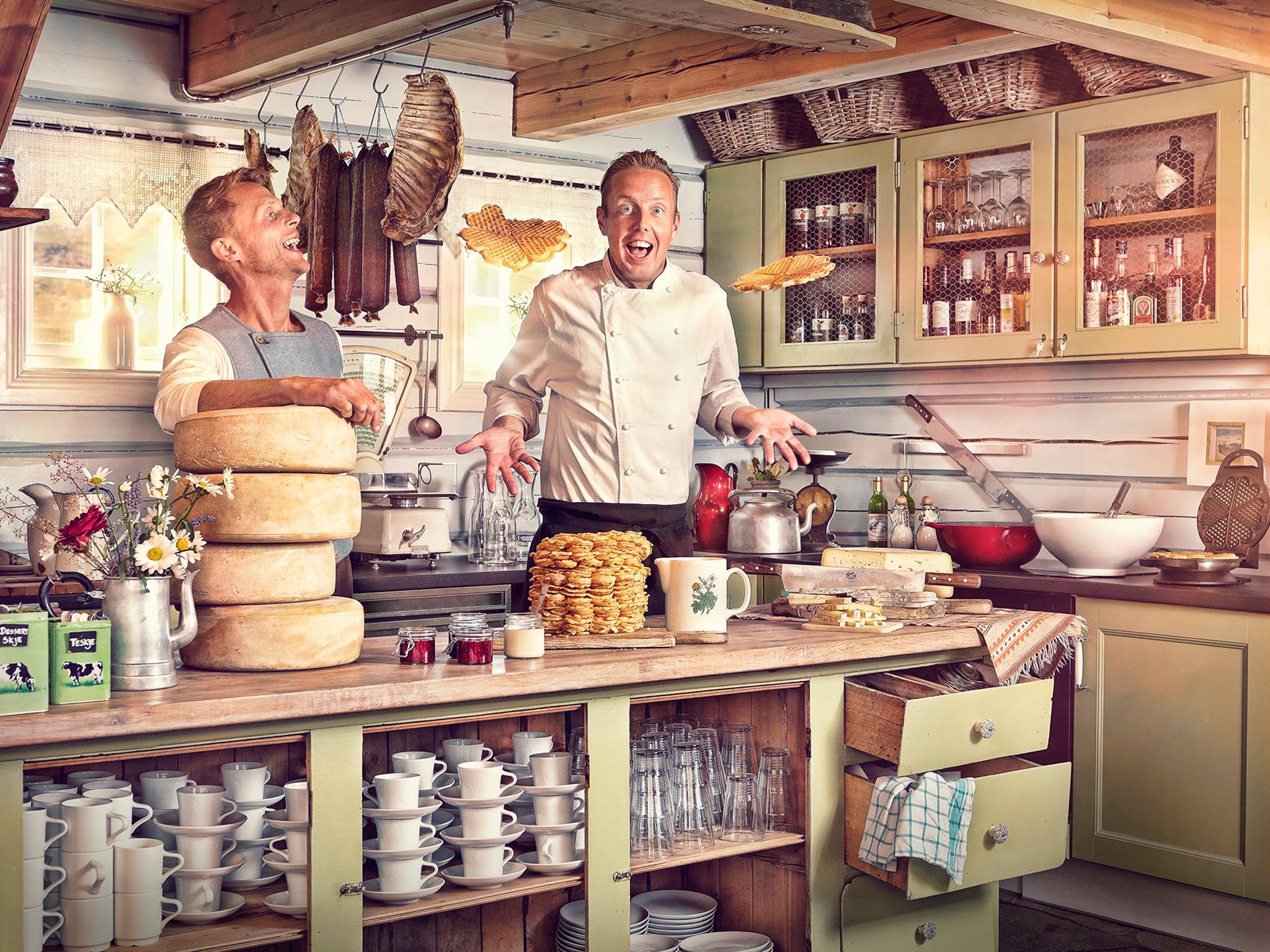 Two men in the kitchen at Brimi Sæter in Jotunheimen, one of Norway’s summer mountain farms