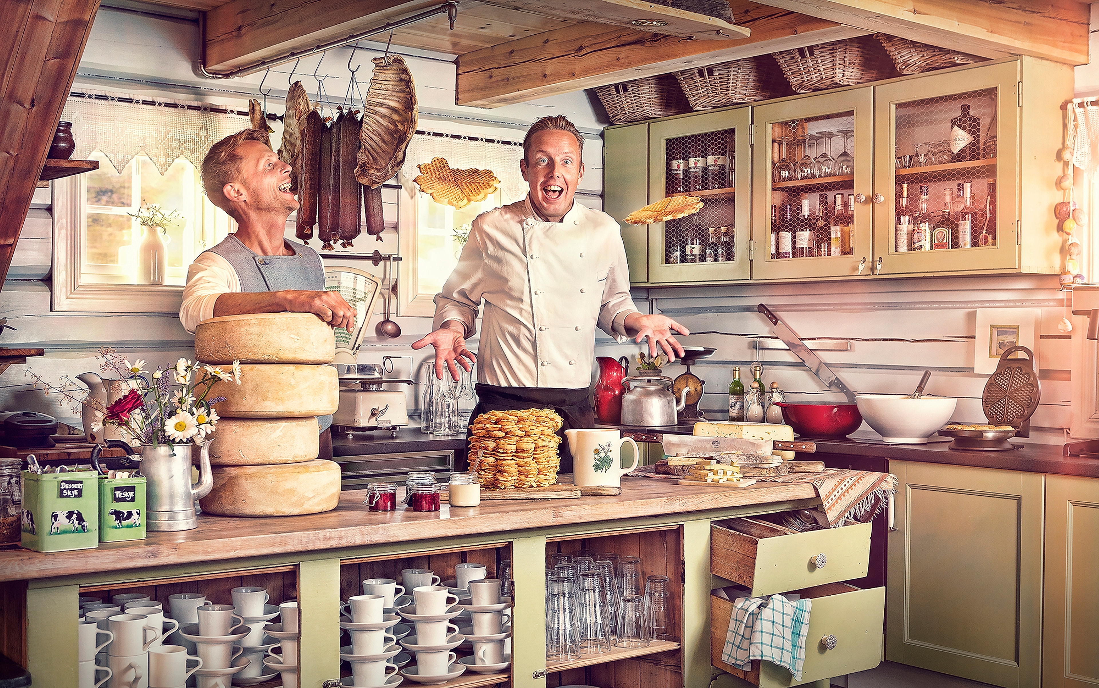Two men in the kitchen at Brimi Sæter in Jotunheimen, one of Norway’s summer mountain farms