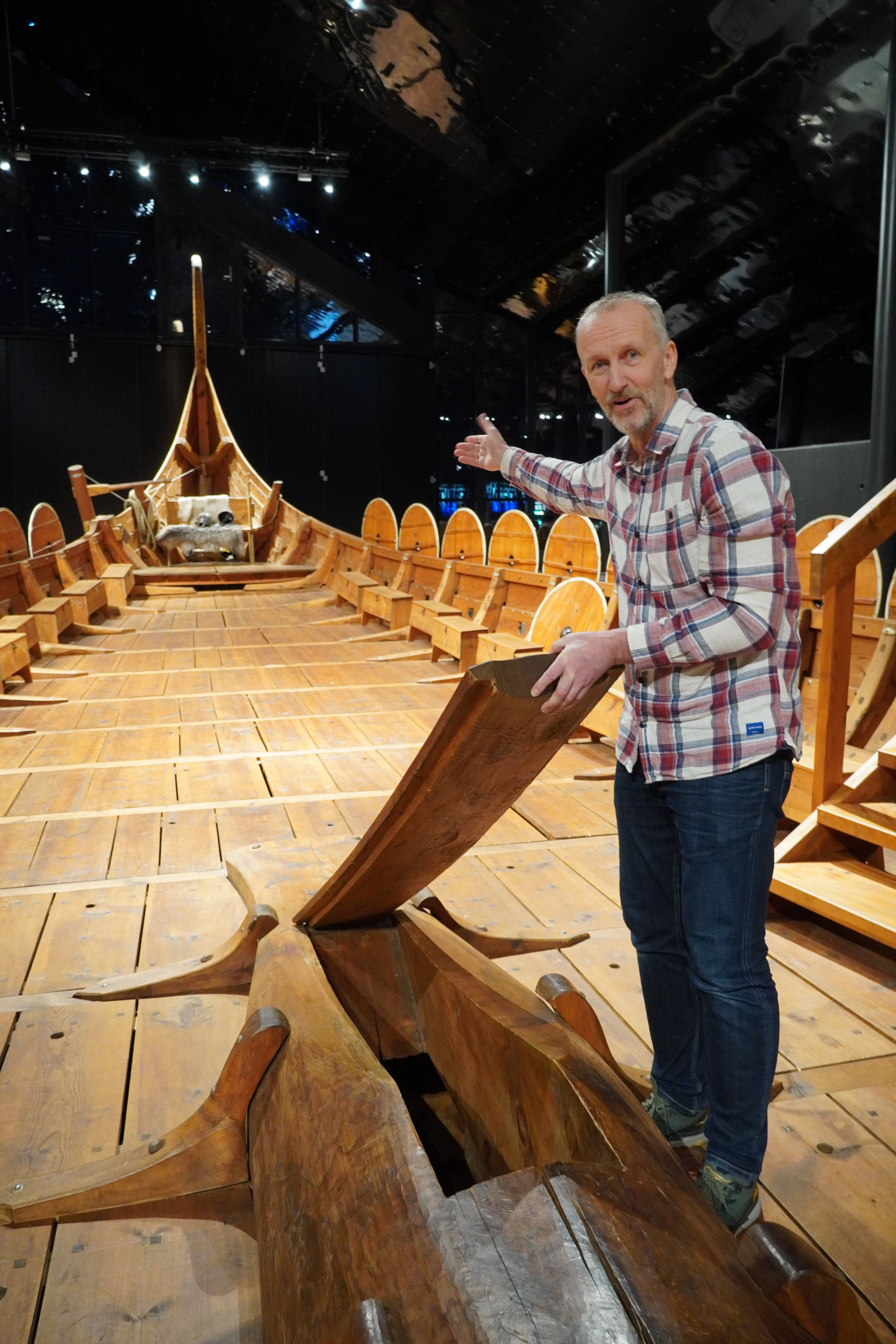A boat builders aboard the Myklebust Viking ship in Nordfjordeid.