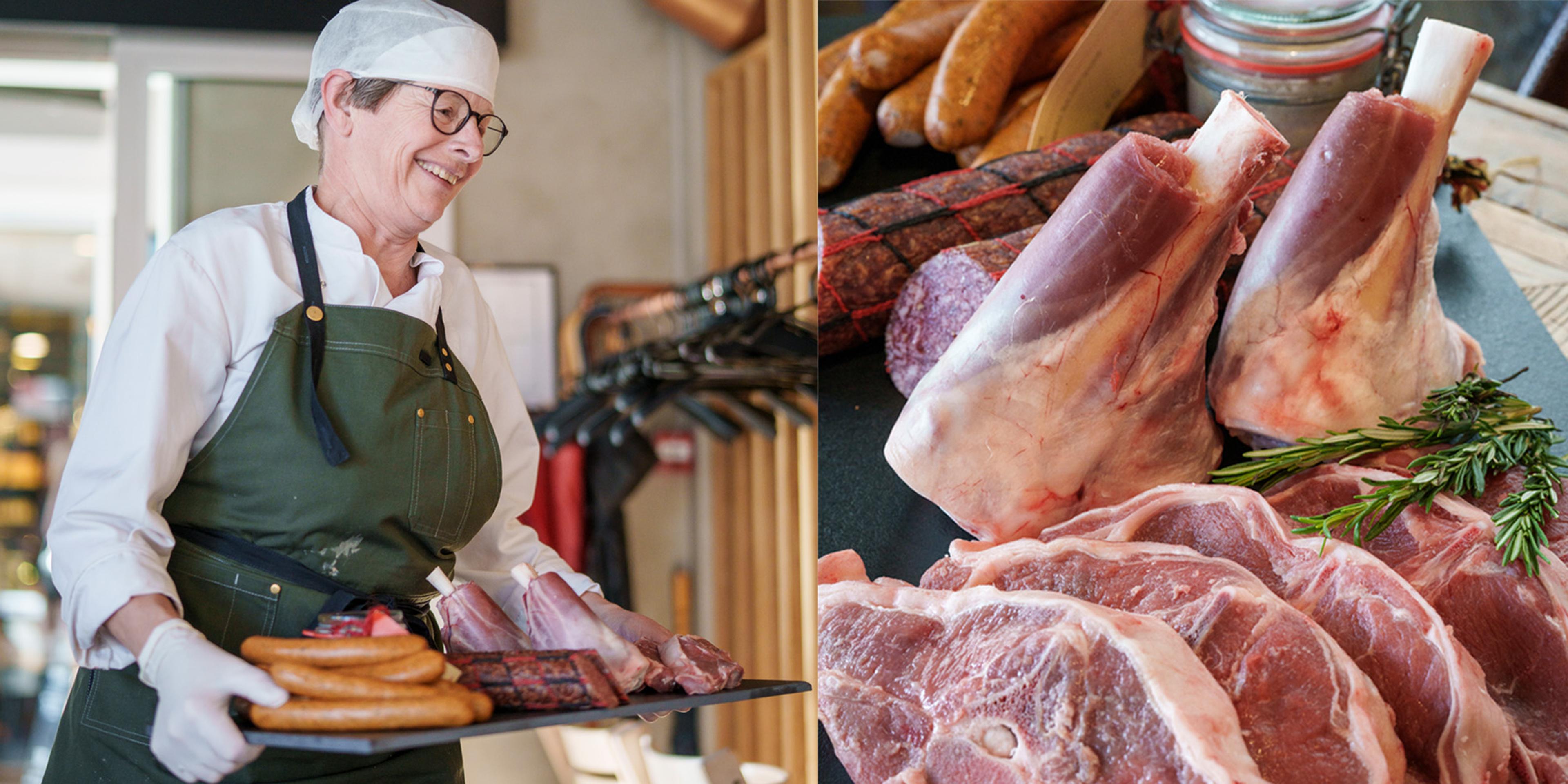 A woman holding a tray with sausages and cuts of meat at Annis Pølsemakeri at Ringebu.