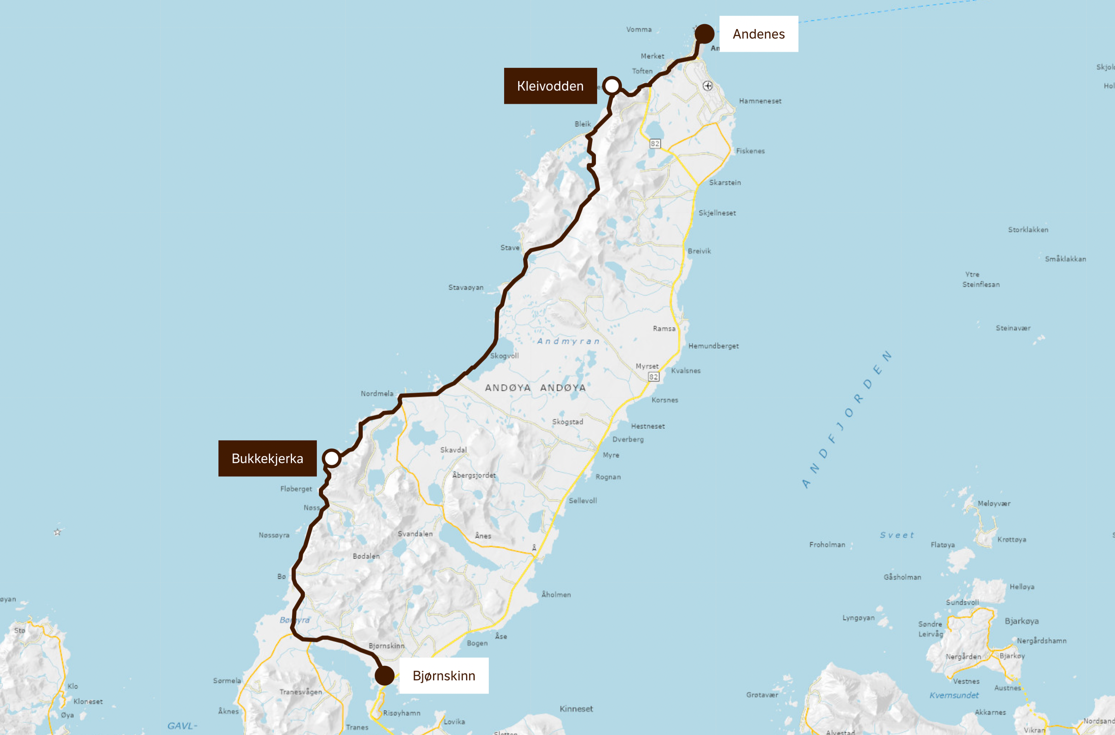 Map that shows Andøya Scenic Route