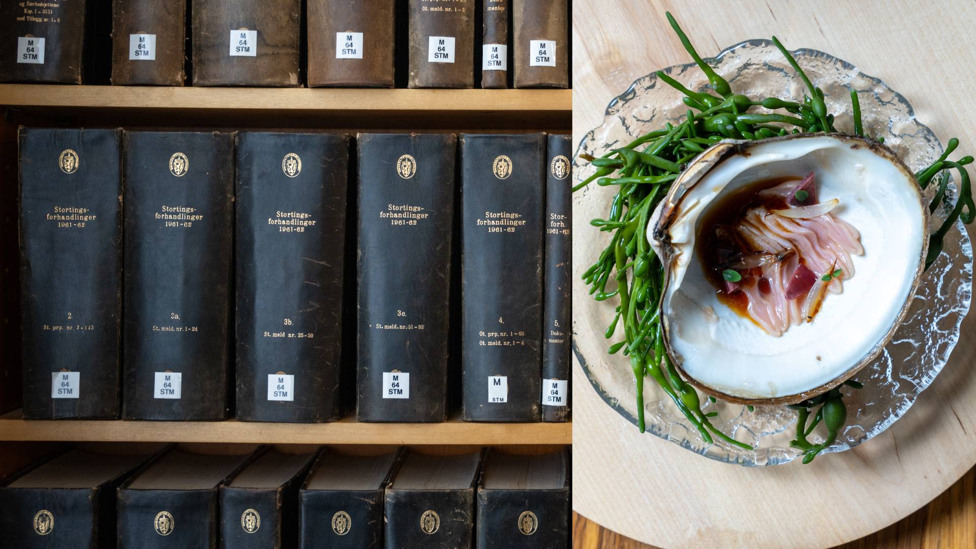 Old books in a split screen with a dish of razor blades by Credo restaurant at the National Library.