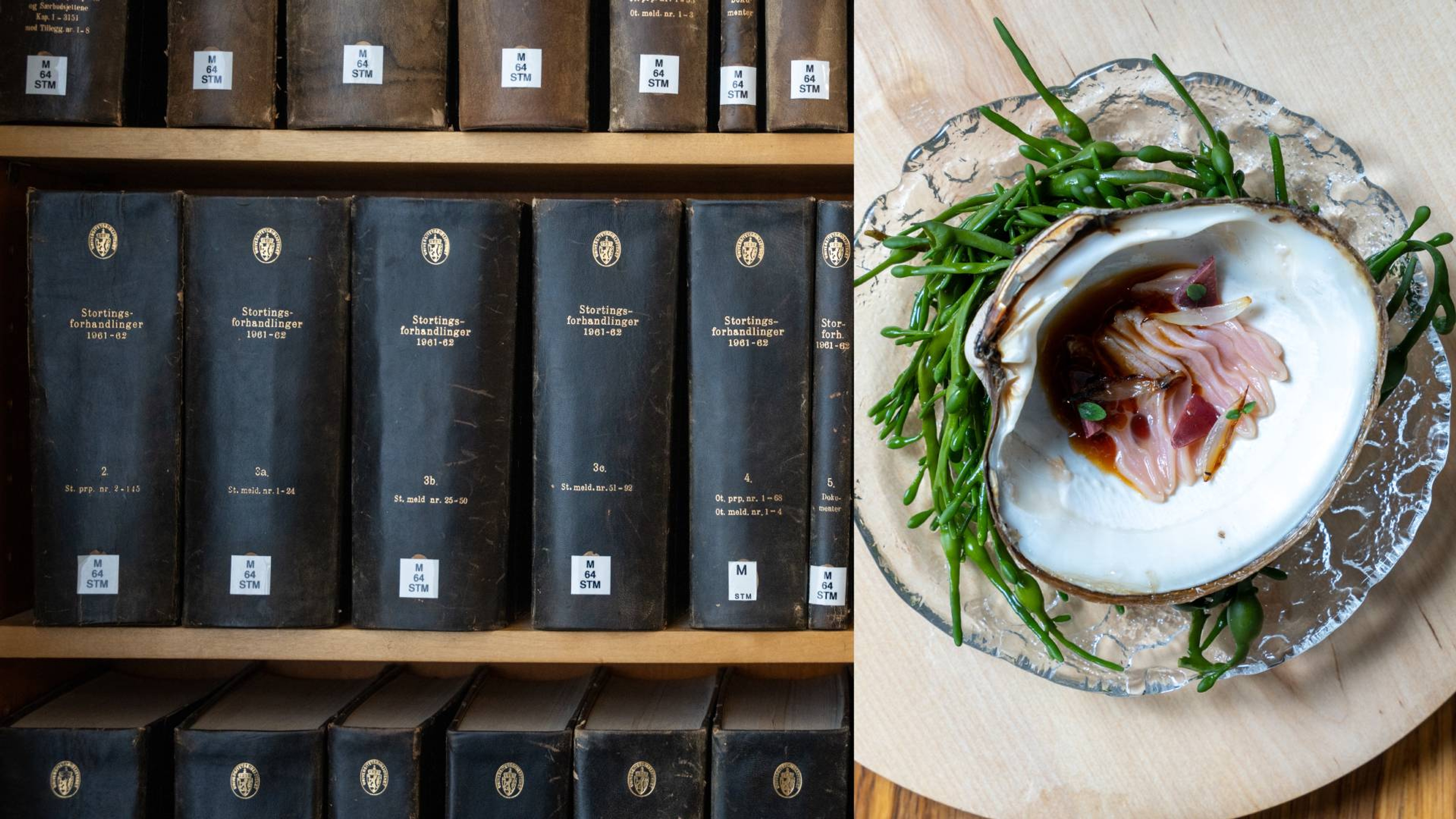 Old books in a split screen with a dish of razor blades by Credo restaurant at the National Library.