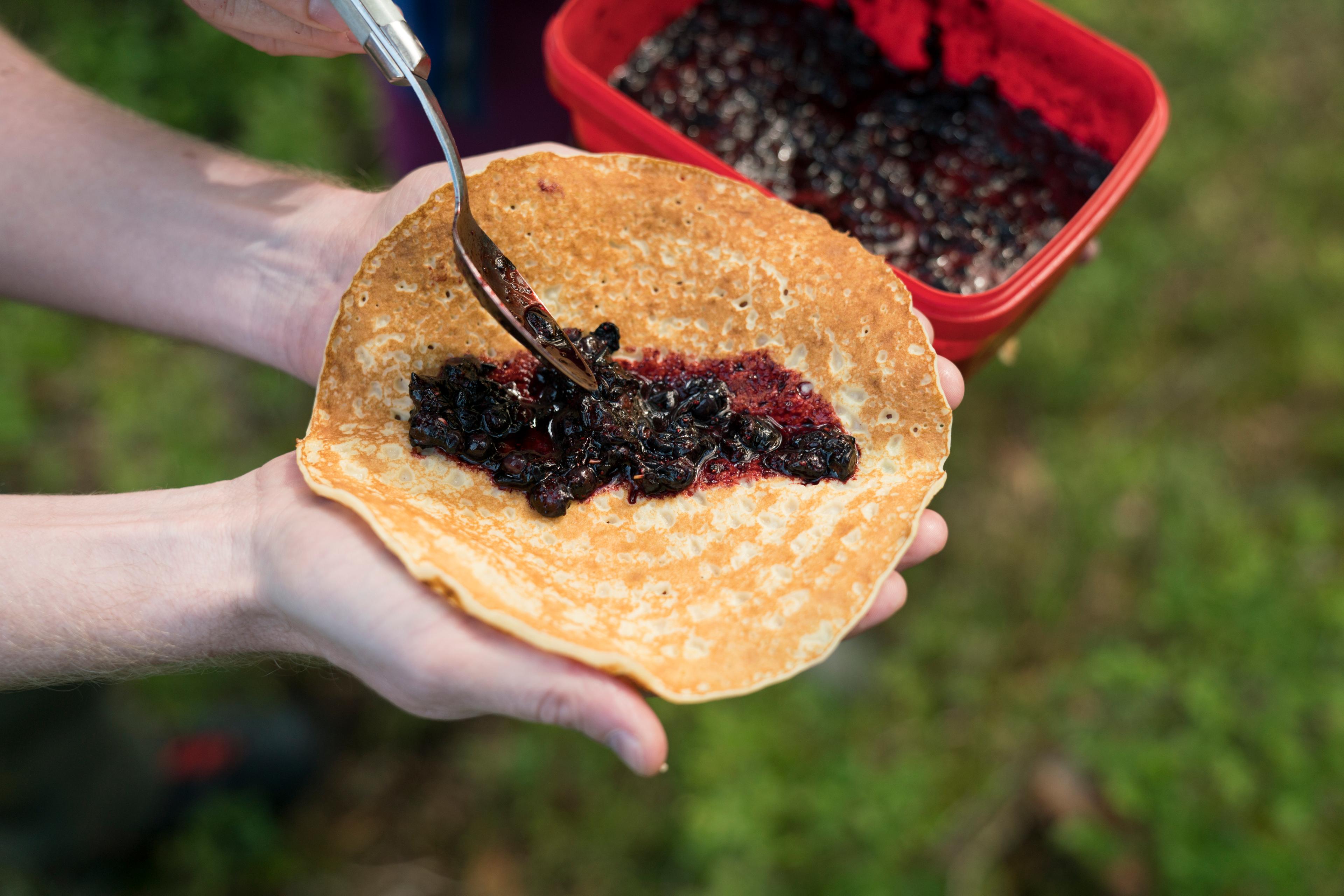 Pancakes with blueberries, served in the forest outside Kongsberg in Eastern Norway