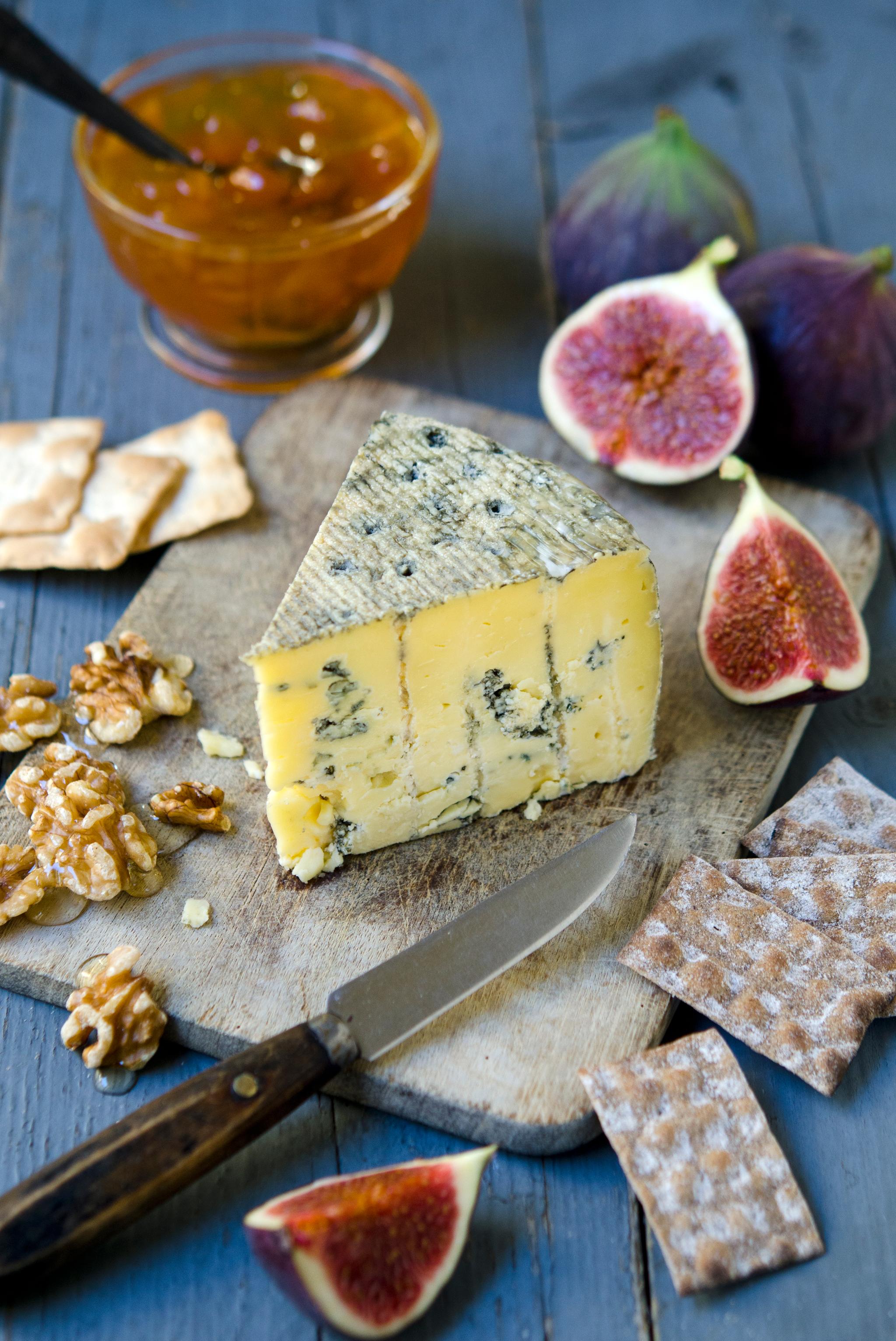 “Kraftkar” cheese from Tingvollost, figs, walnuts, jam and crispbread. Near Kristiansund in Fjord Norway.