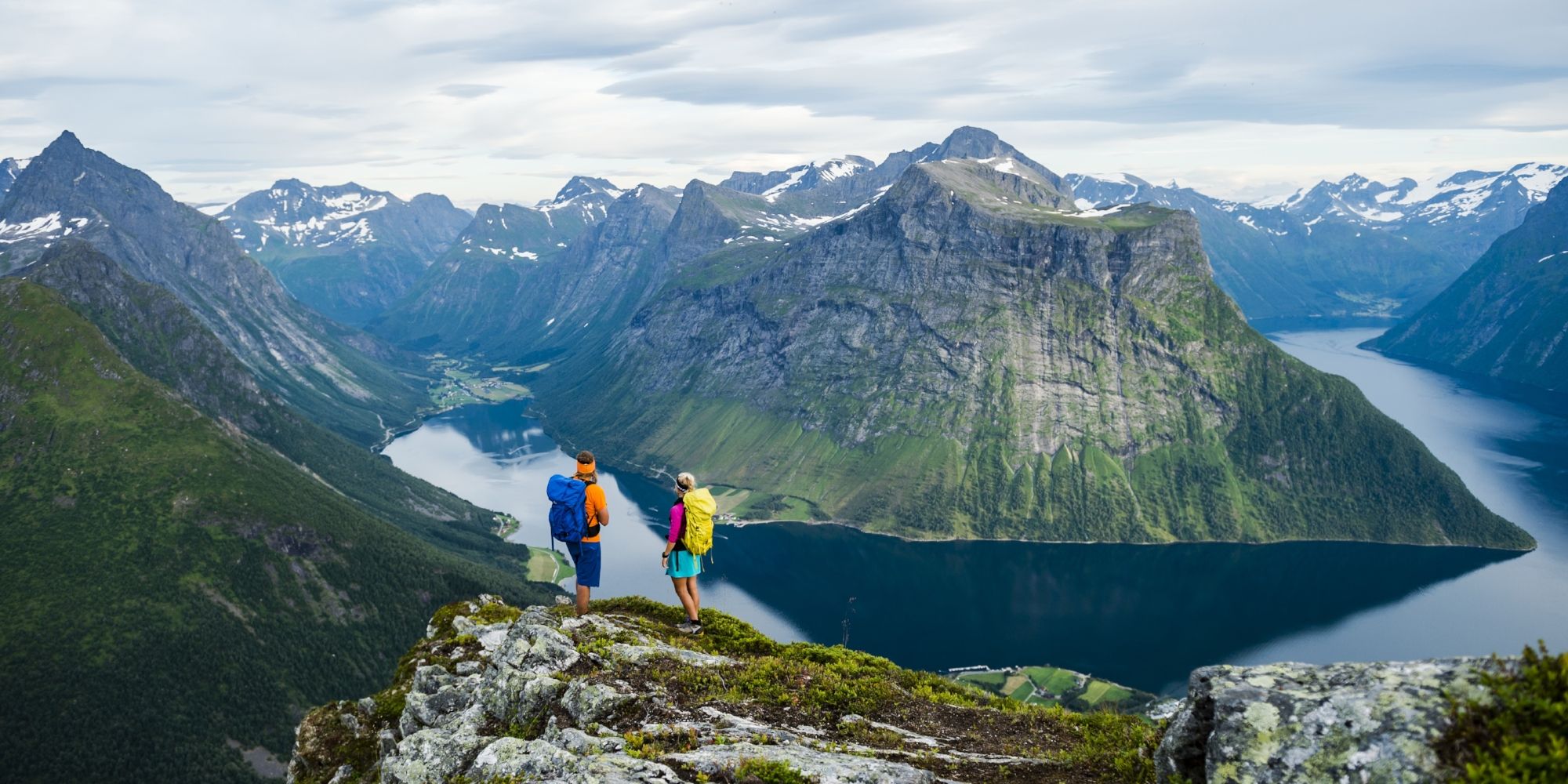 Hiking in Norway with a view of mountains and fjords