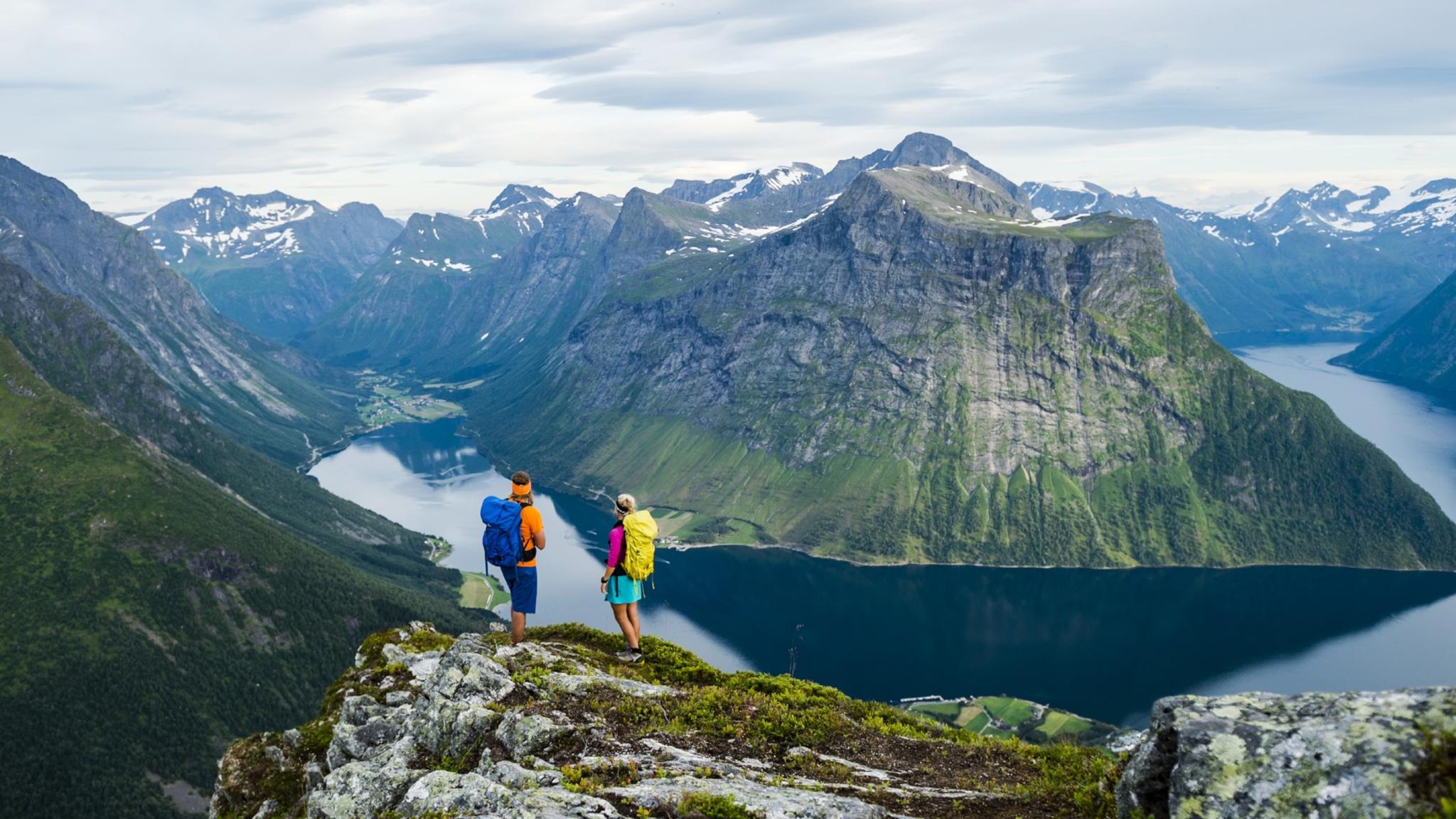 Hiking in Norway with a view of mountains and fjords
