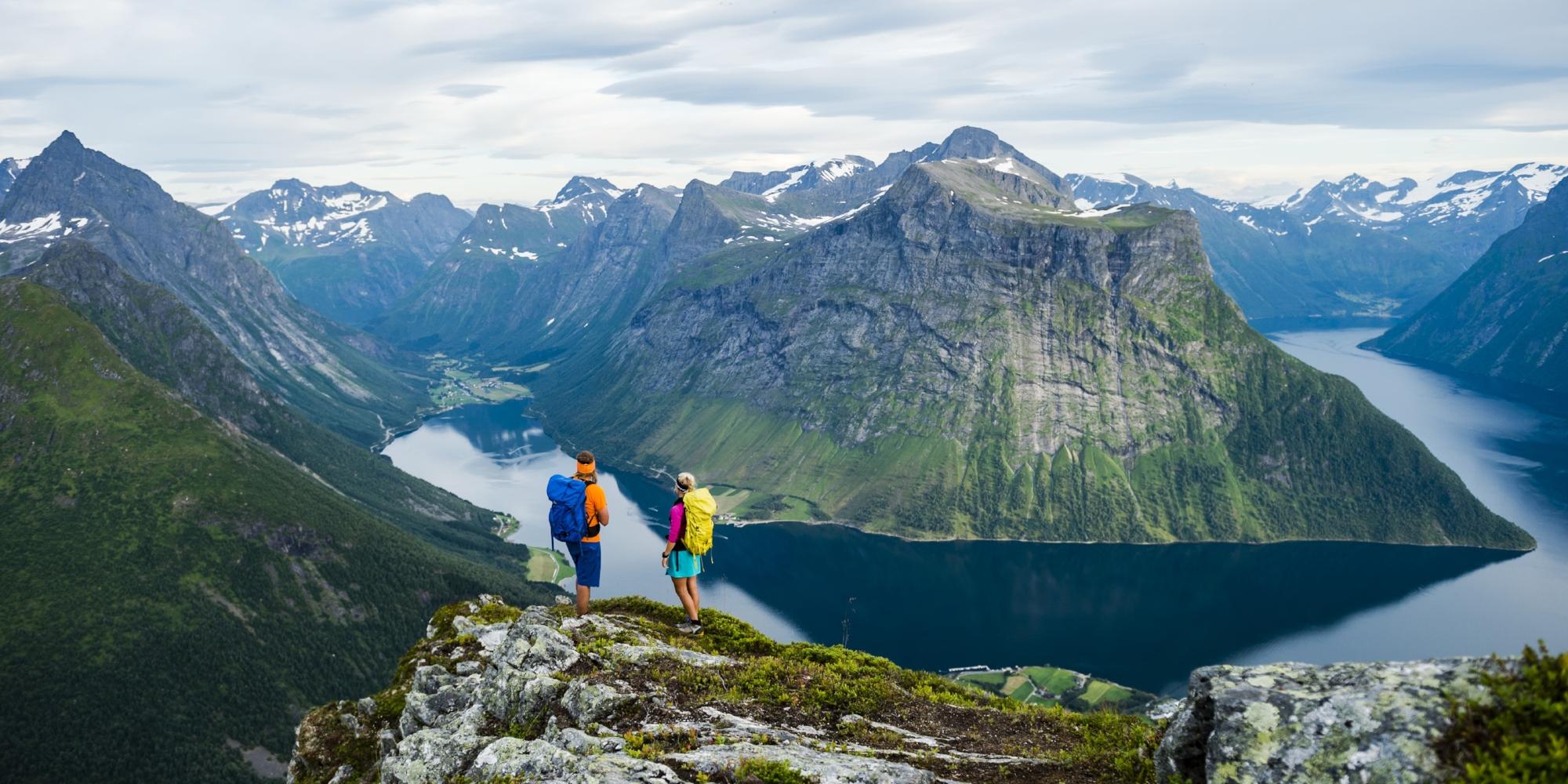 Hiking in Norway with a view of mountains and fjords