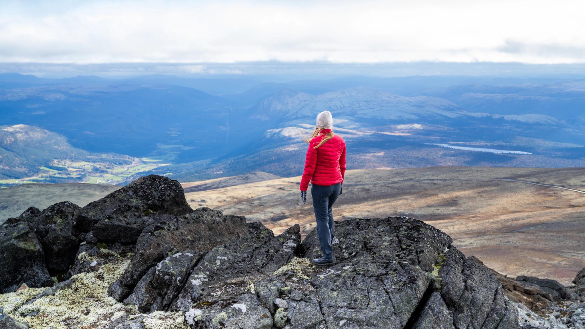 A woman on the top of a mountain looking at the view.