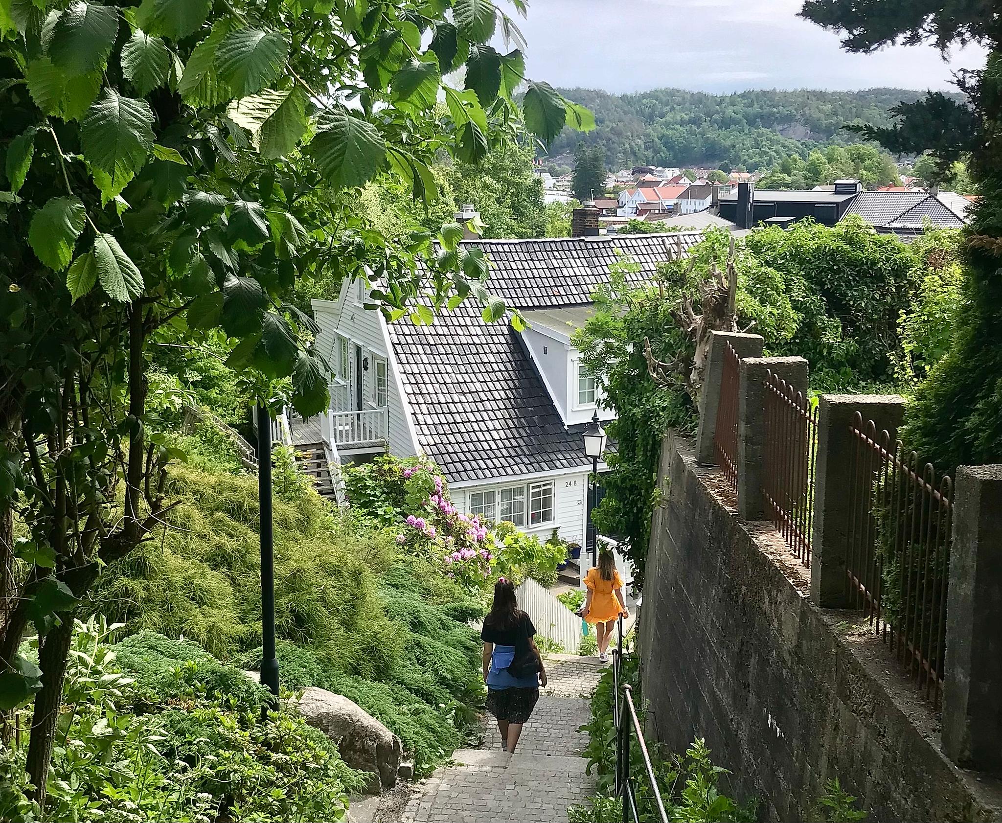 Two women walking in Mandal, Southern Norway