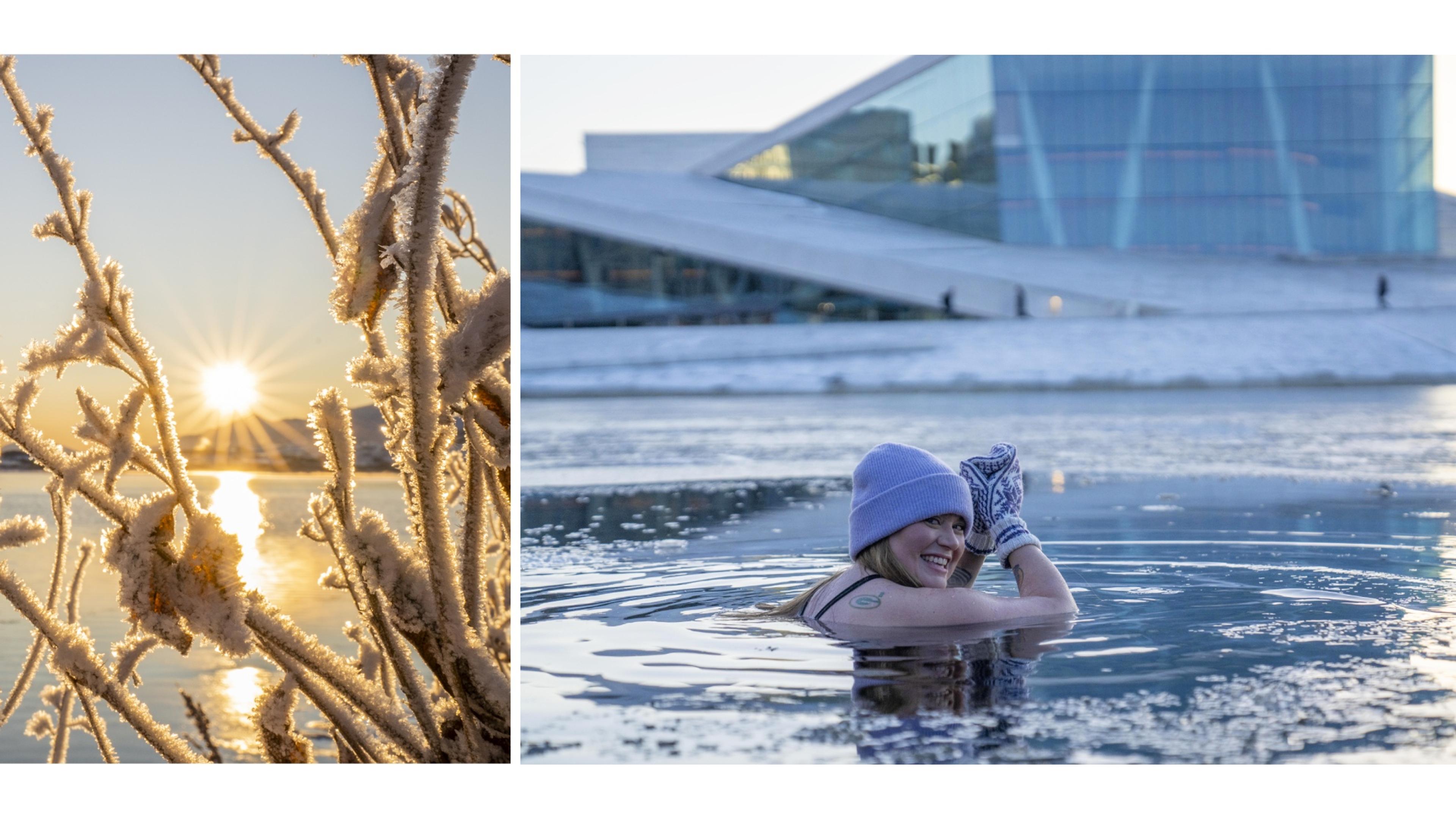 A collage of the sun and a woman icebathing outside the Opera house in Oslo