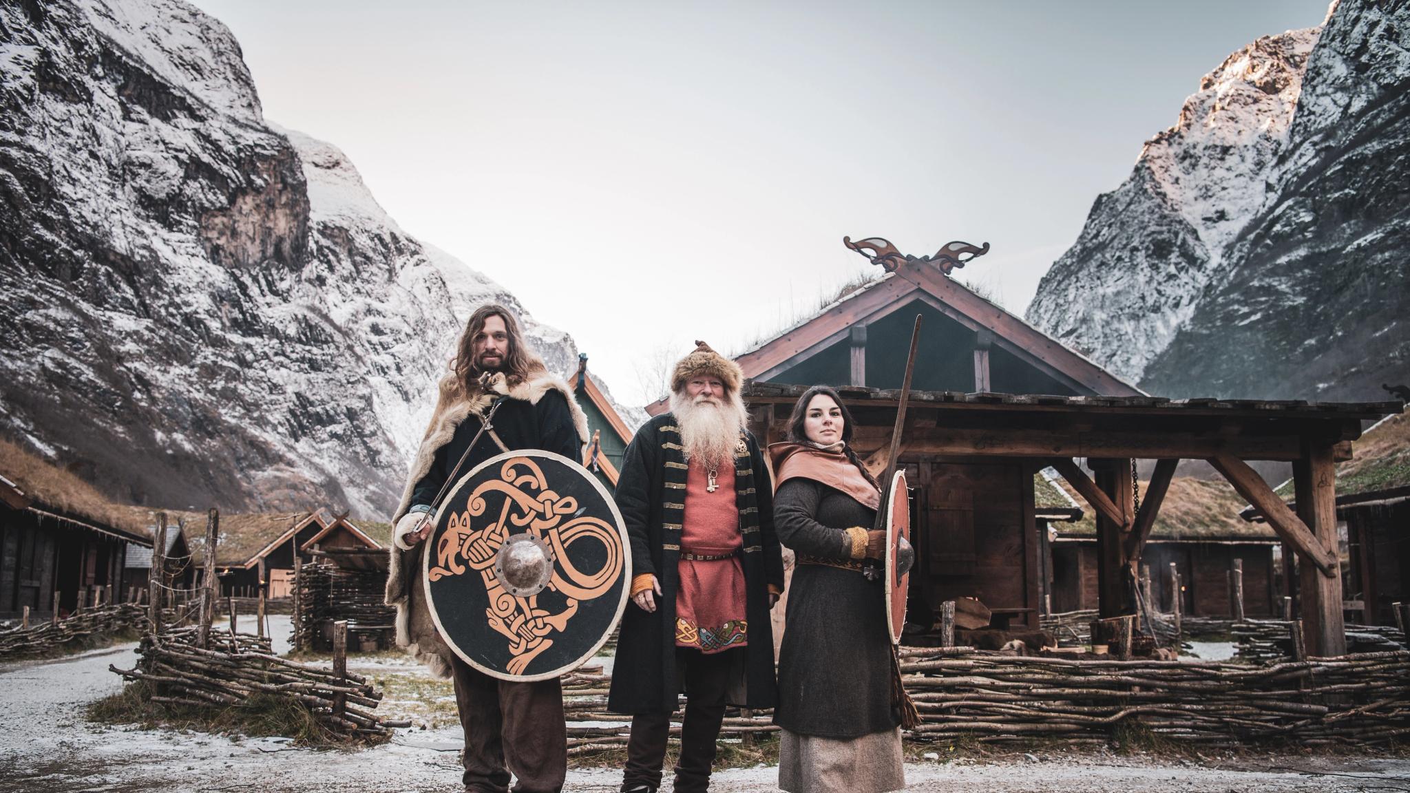 Vikings in the Viking village Njardarheimr in Gudvangen in the Sognefjord area of Fjord Norway